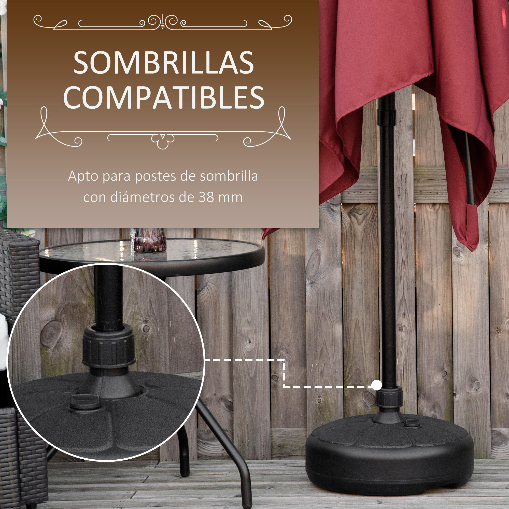Outsunny Base de Sombrilla Rellenable de Agua 13 kg o Arena 19 kg Soporte de Parasol Redondo Apto Postes de &Oslash;32-38 mm para Jard&iacute;n Patio Terraza &Oslash;38x21,5 cm Negro, , large Imagen numero 4