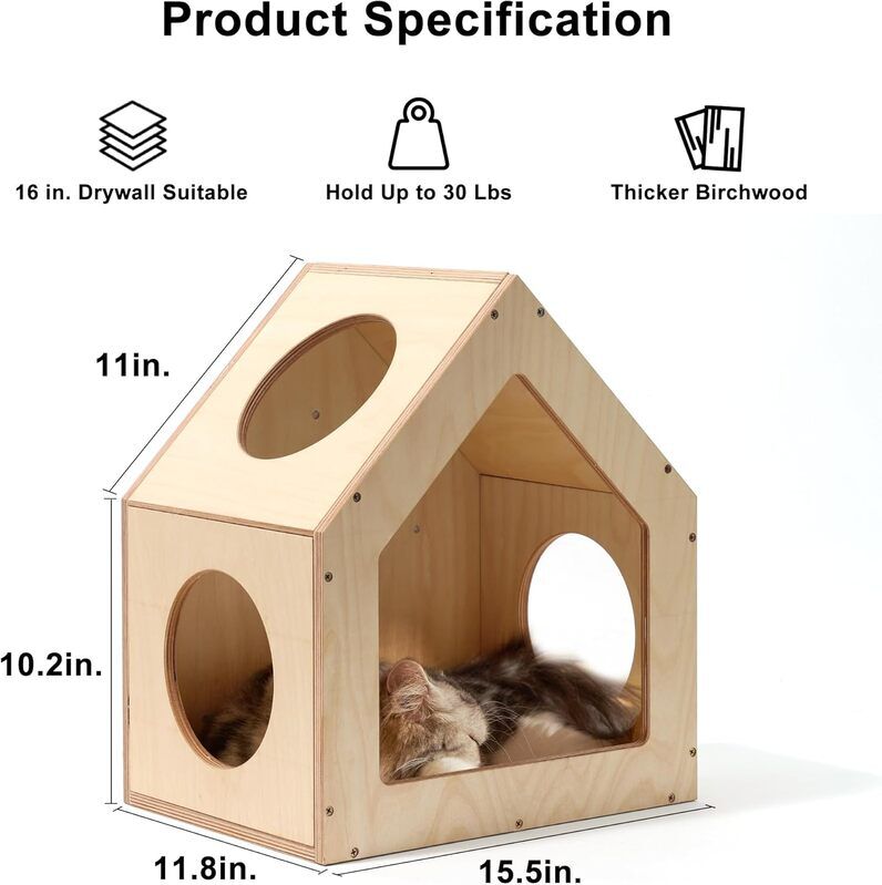 Fukumaru Casa de Pared para Gatos de Madera Natural 40&times;30&times;45,7 cm | T&uacute;nel con 3 Orificios 16 cm | Estilo Natural | Compatible con Wall Jungle, , large Imagen numero 2