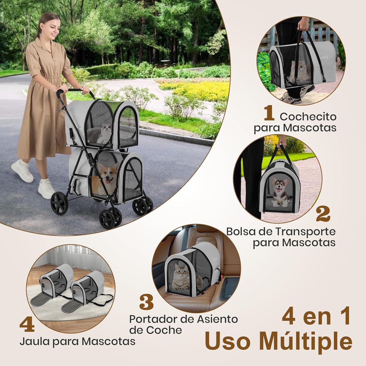 COSTWAY Cochecito Multifuncional 4 en 1 para Perros y Gatos, Cochecitos para Mascotas de Doble Nivel, Carrito para Mascotas, Cochecito Plegable Desmontable para Mascota con 4 Ruedas (Gris), , large Imagen numero 3