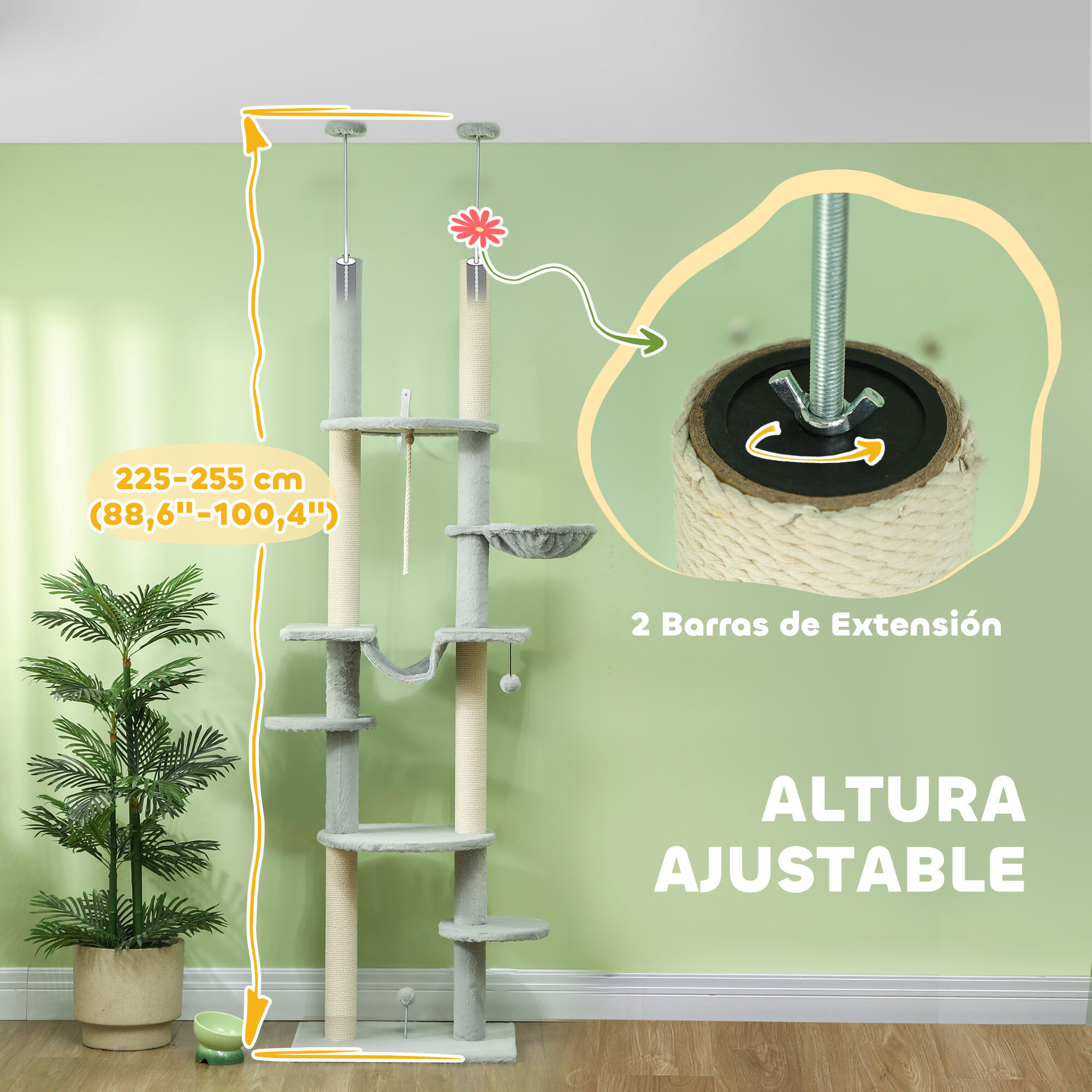 PawHut &Aacute;rbol para Gatos de Suelo a Techo 225-255 cm &Aacute;rbol Rascador para Gatos de 7 Niveles Torre para Gatos con Hamacas Plataformas Juguete de Cuerda Bola de Juguete Gris, , large Imagen numero 4