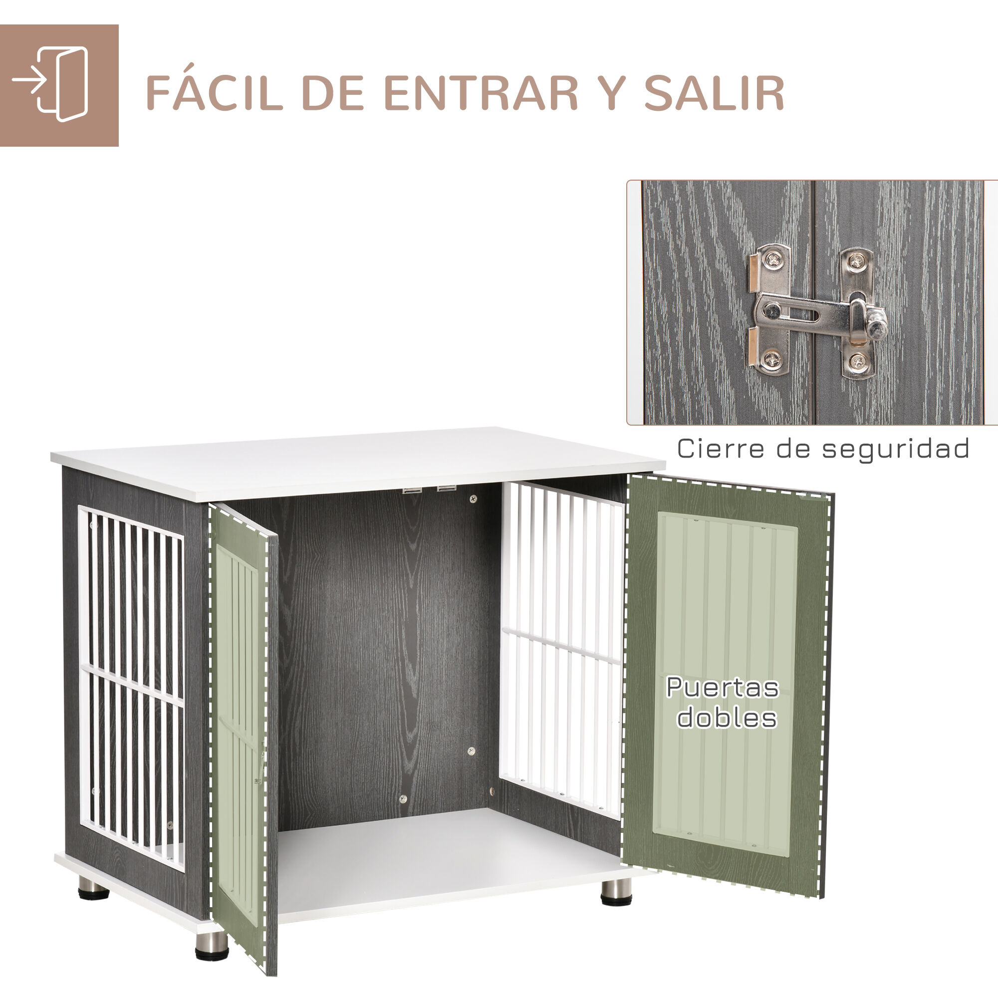 PawHut Jaula para Perros de Madera Mesa Auxiliar 85x55x75 cm con Tablero de Almacenaje 2 Puertas de Cerradura y Rejillas de Acero Mueble Perrera para Interiores Gris, , large Imagen numero 5