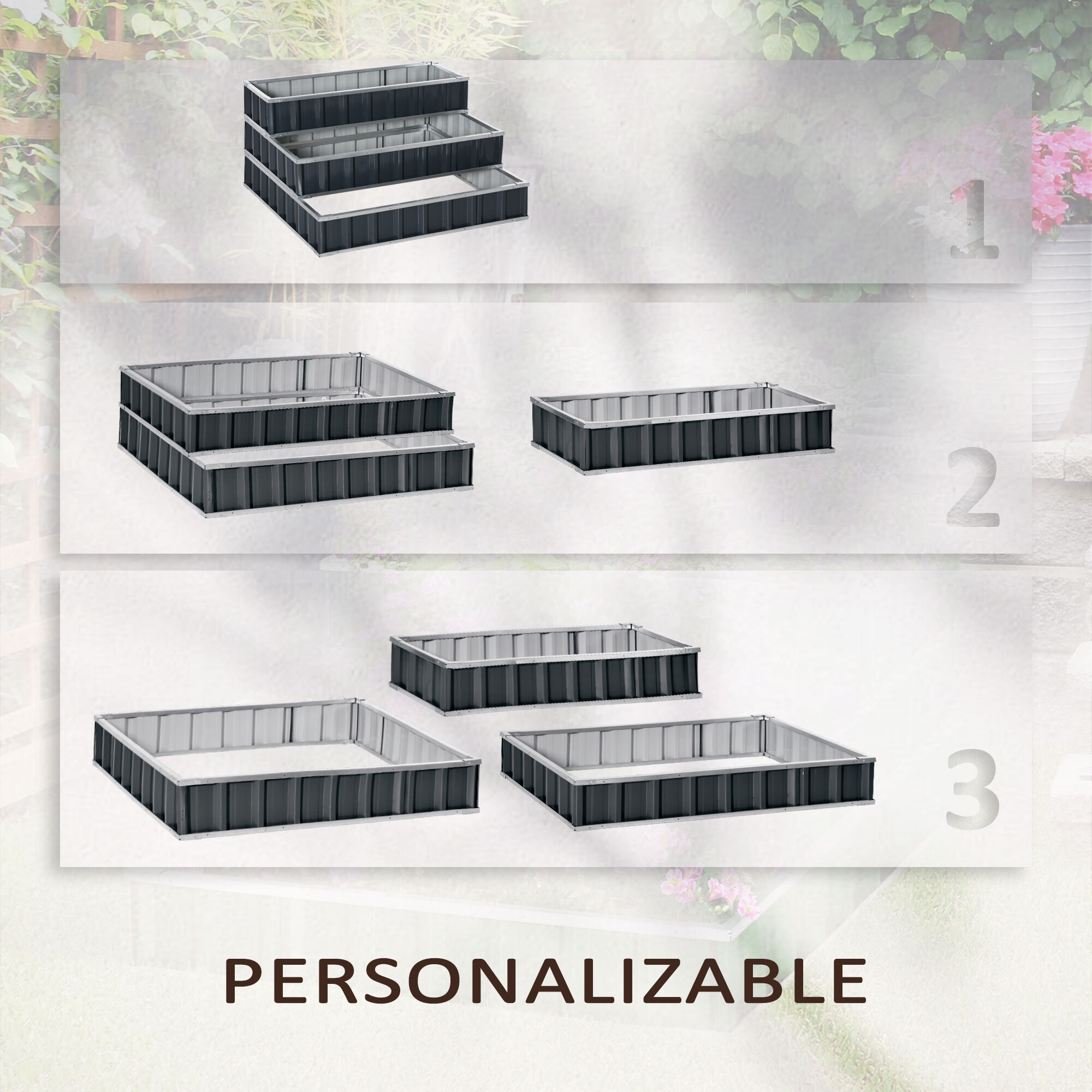 Outsunny Huerto Urbano de 3 Niveles de Jard&iacute;n Acero 118x118x62 cm Arriate de Escalera para Cultivos Plantas Flores para Terraza Exterior Gris, , large Imagen numero 4
