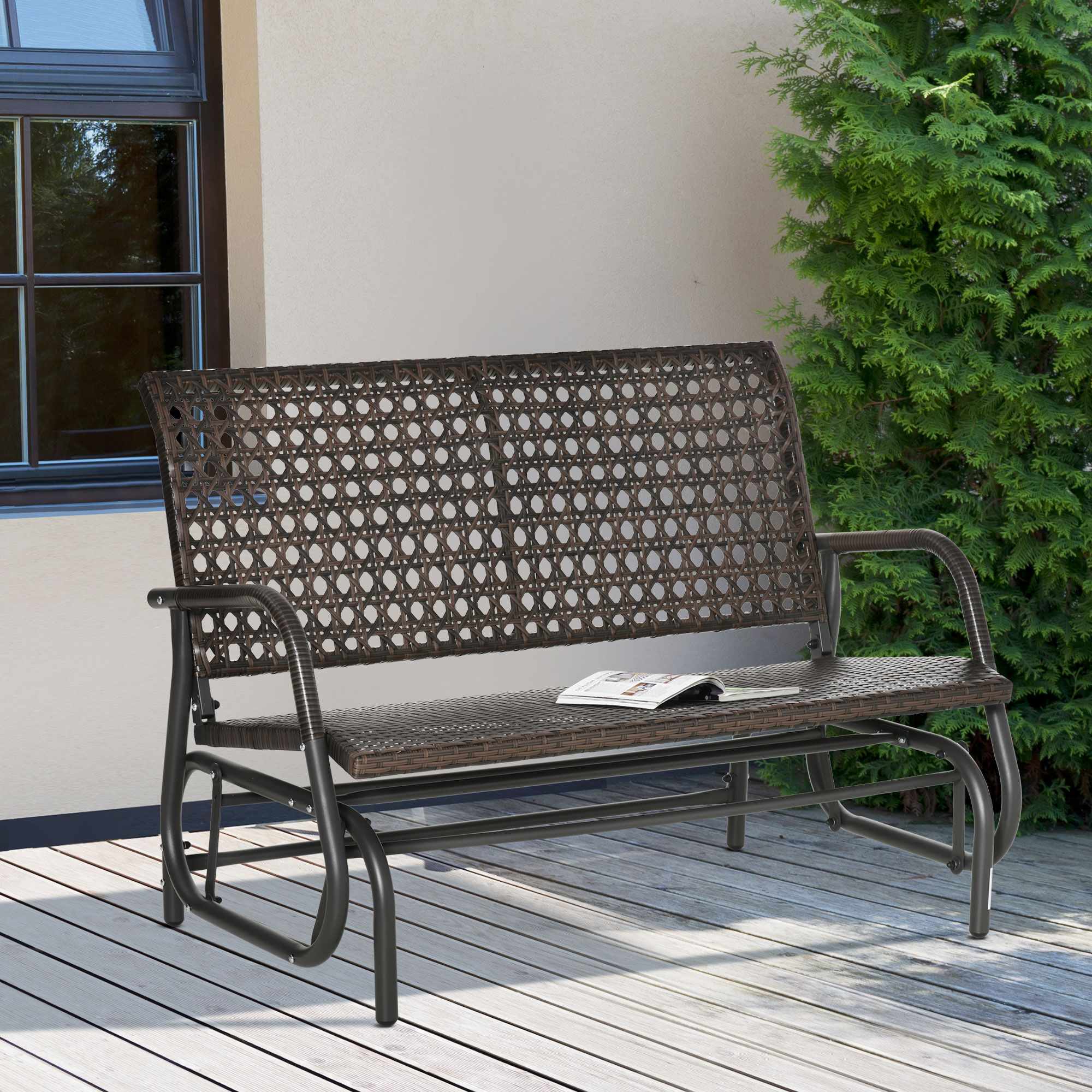 Outsunny Mecedora de Rat&aacute;n de 2 Plazas Banco Balanc&iacute;n de Jard&iacute;n con Balanceo Ergon&oacute;mico y Marco de Metal para Terraza Balc&oacute;n Exterior Patio Hotel Carga 220 kg 120x70x84 cm Marr&oacute;n, , large Imagen numero 2