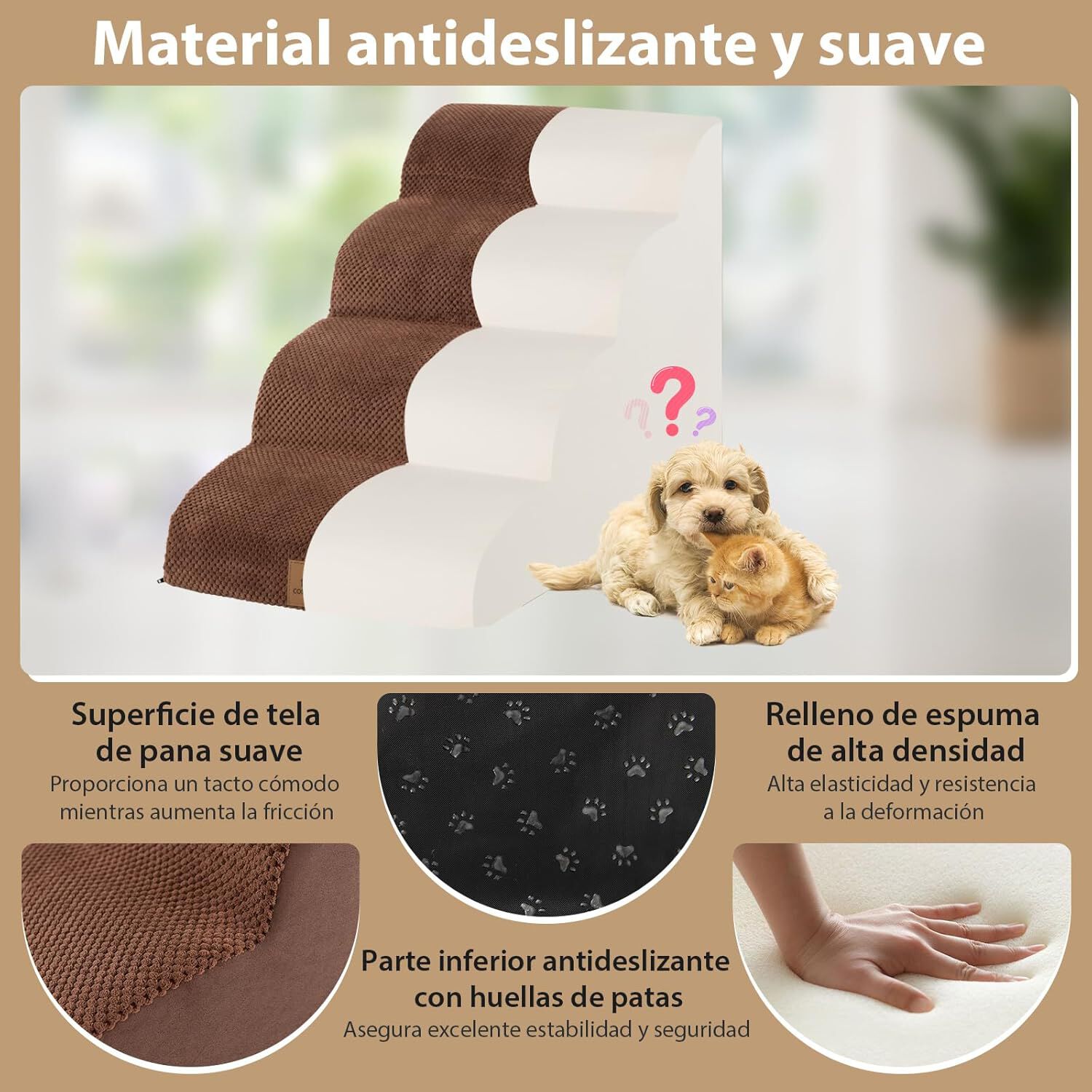 COSTWAY Rampa para Perros de Espuma de 4 Niveles, Escalera para Mascotas con Funda Lavable, Escala para Perros con Huellas de Silicona Pelda&ntilde;os Antideslizantes para Sof&aacute;s Altos (marr&oacute;n 4 escaleras), , large Imagen numero 2