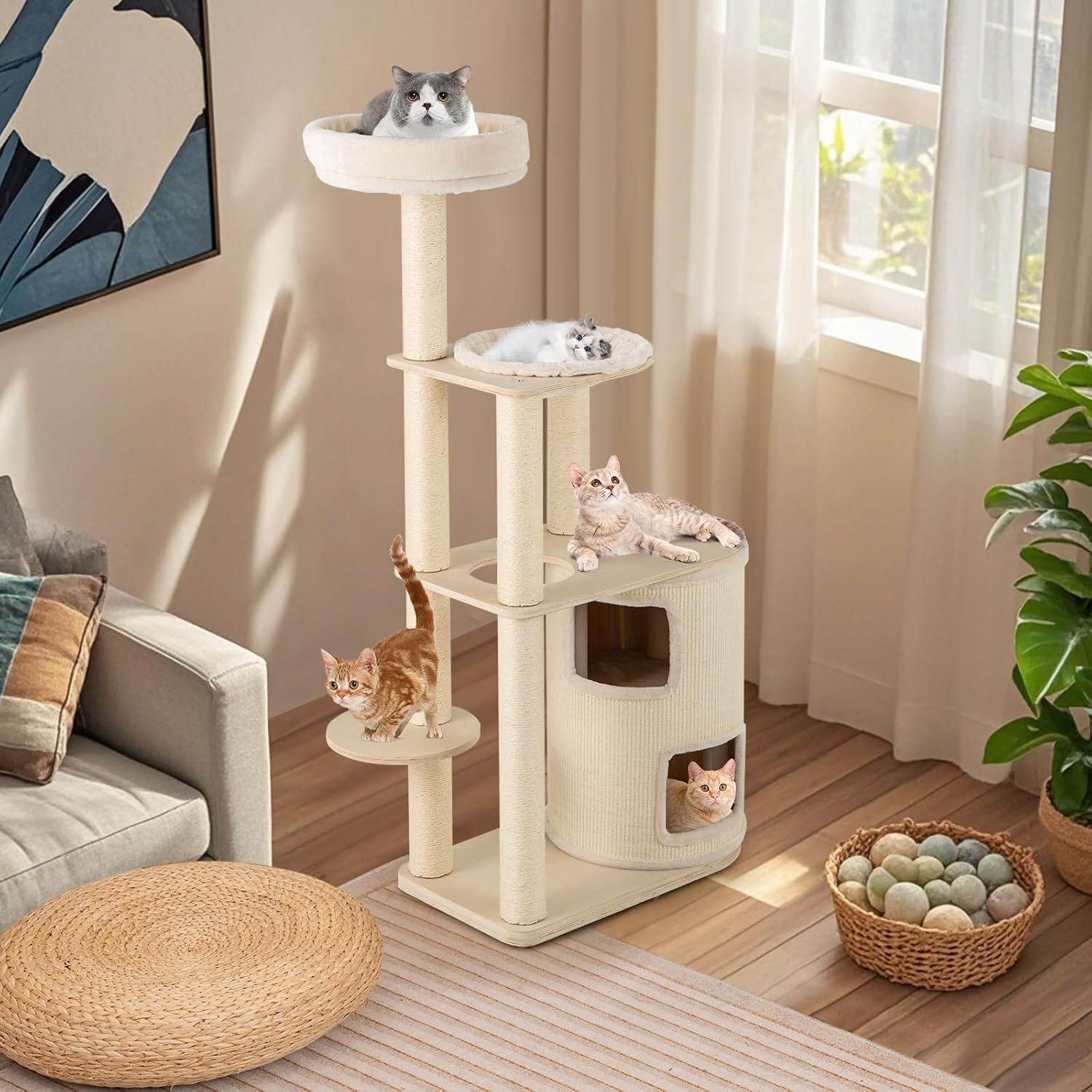 COSTWAY Árbol para Gatos Alto de 151 cm, Poste Rascador Multicamada con Condominio, Alfombra y Cama para Gatos, Hamaca, Cojín Lavable, Centro de Actividades Multifuncional para para Gatos thumbnail