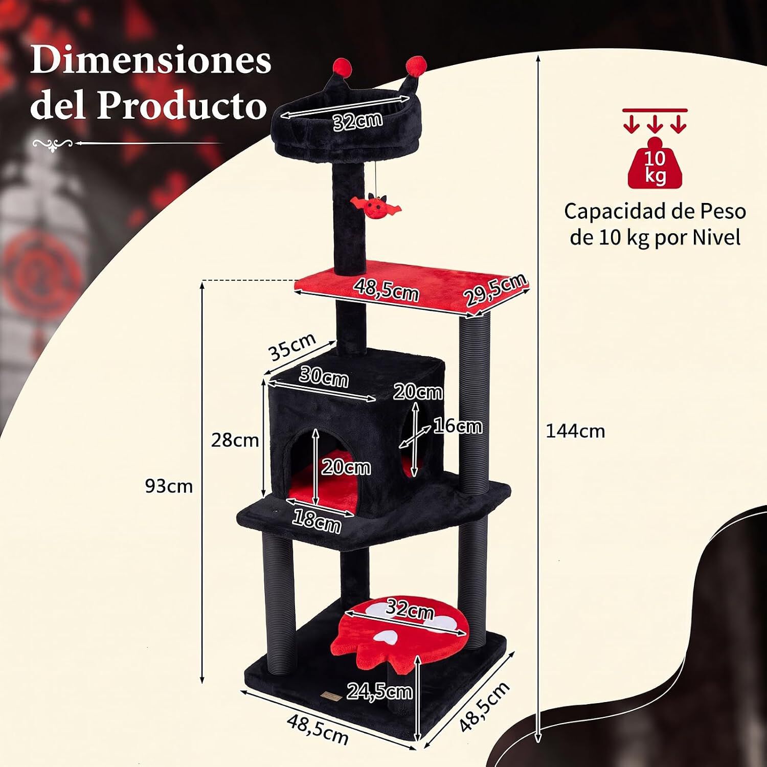 COSTWAY 144 cm &Aacute;rbol Rascador para Gatos G&oacute;tico de Interior, Rojo Torre para Gatos Multinivel con Postes Rascadores, Plataformas, Casita y Juguete Colgante, Centro de Actividad para Mascotas, , large Imagen numero 3
