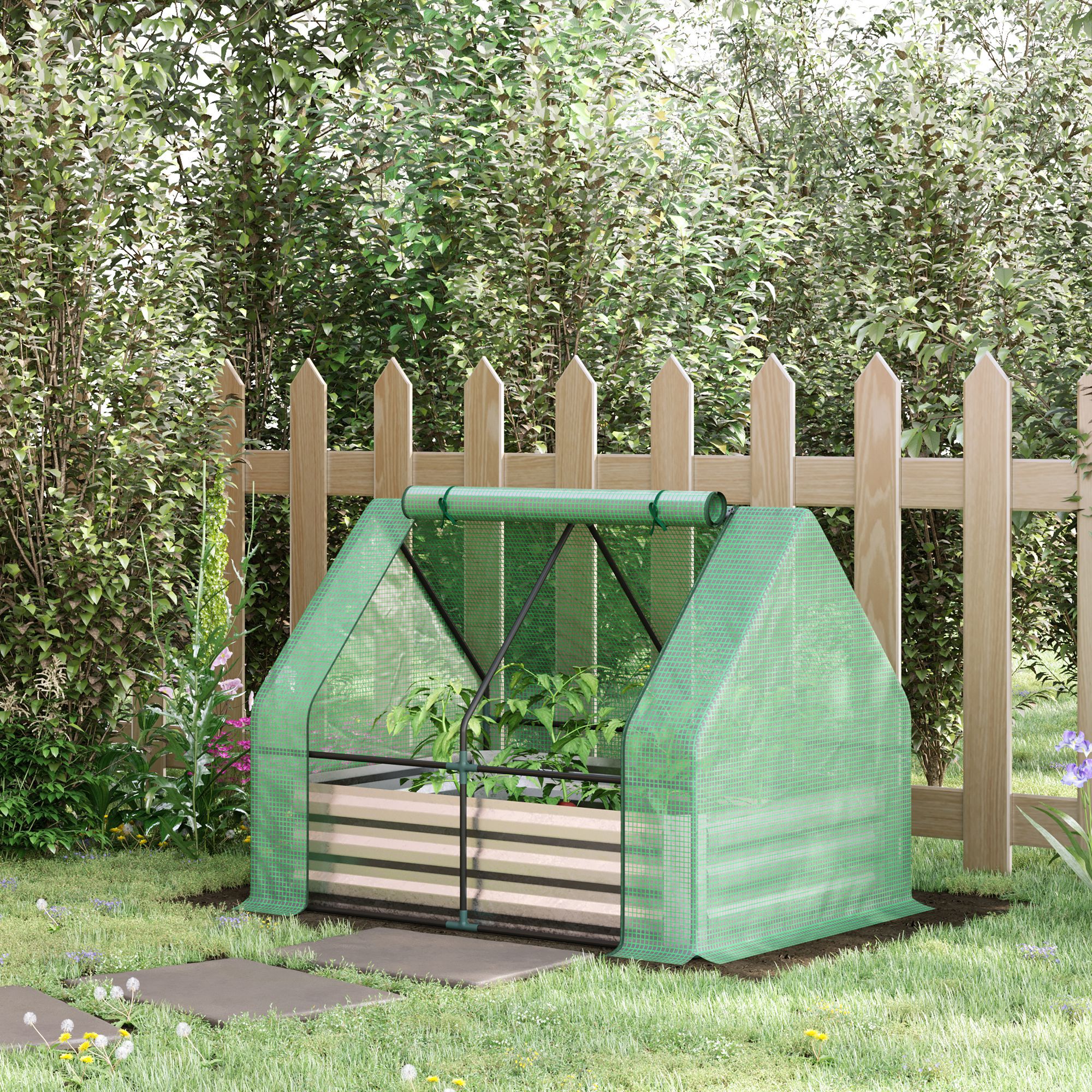 Outsunny Huerto Urbano con Invernadero 127x95x92 cm Tipo Caseta con Arriate de Acero Interior Ventana Enrollable y Cubierta de PE 140 g/m&sup2; para Cultivos Plantas Flores Verde, , large Imagen numero 2