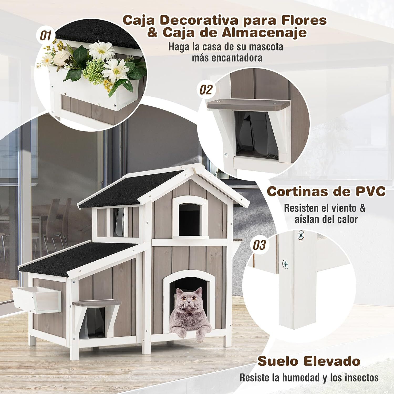 COSTWAY Casa para Gatos de Madera, Caseta para Gatos de 2 Pisos para Exteriores con Puertas de Escape, Techo Asf&aacute;ltico Impermeable, Refugio para Gatitos de Interior y Exterior para Balc&oacute;n y Patio, , large Imagen numero 4