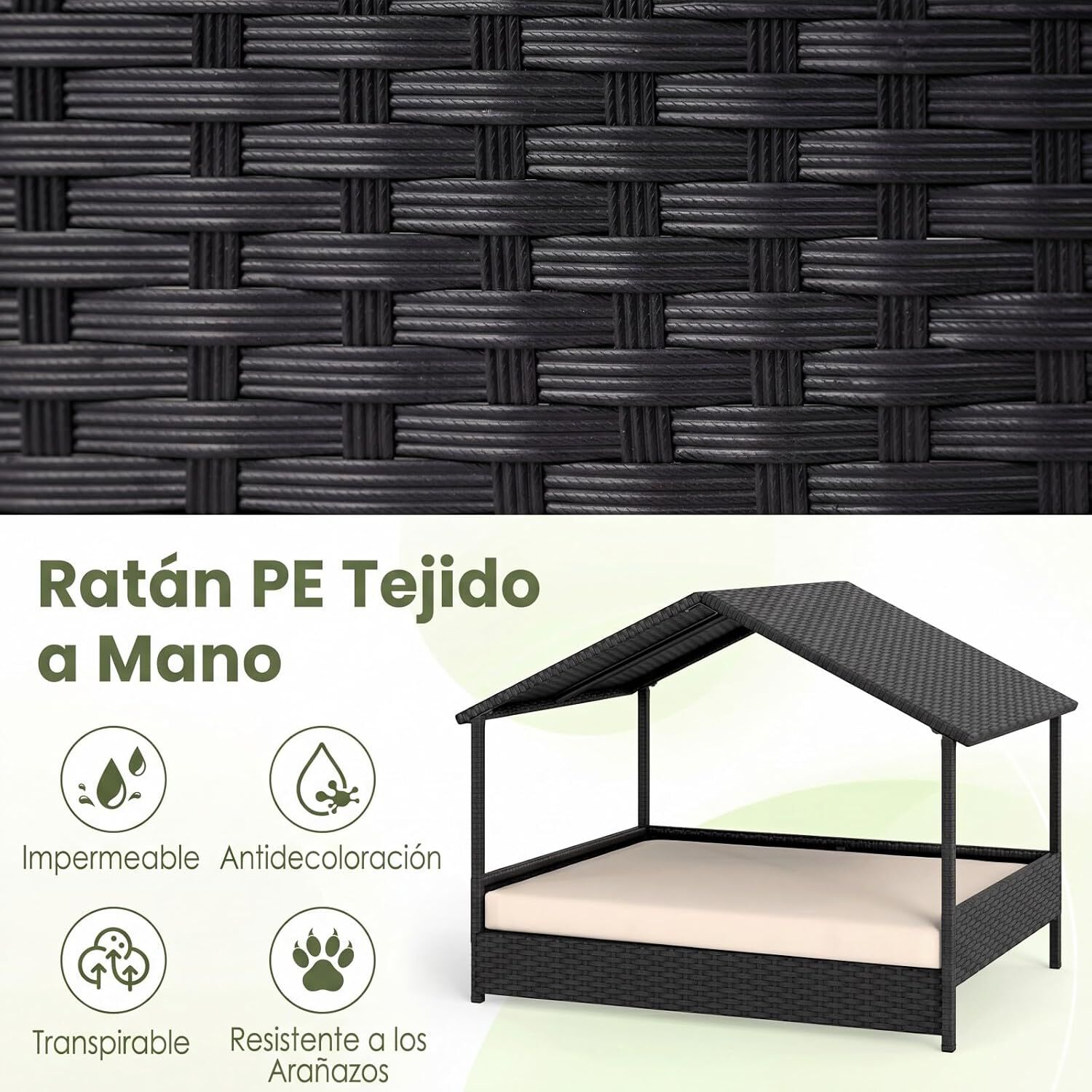 COSTWAY Caseta para Perros Exterior e Interior, Casa Perro de Rat&aacute;n Grande con Dosel, Base Elevada, Coj&iacute;n Removible, Estructura Met&aacute;lica, Cama Elevada para Mascotas, Carga 60 kg, 98 x 69 x 74 cm (Beige), , large Imagen numero 3