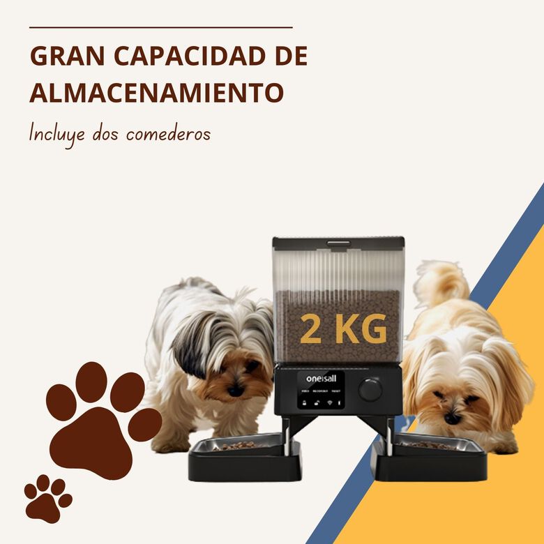 Comedero automático para mascotas Oneisall PFD-002 CW15006 - Comedero automático para mascotas - Dispensador inalámbrico - Para gatos y perros - Alimento seco - Control preciso de porciones - Depósito de 5 l - Apto para 2 gatos thumbnail