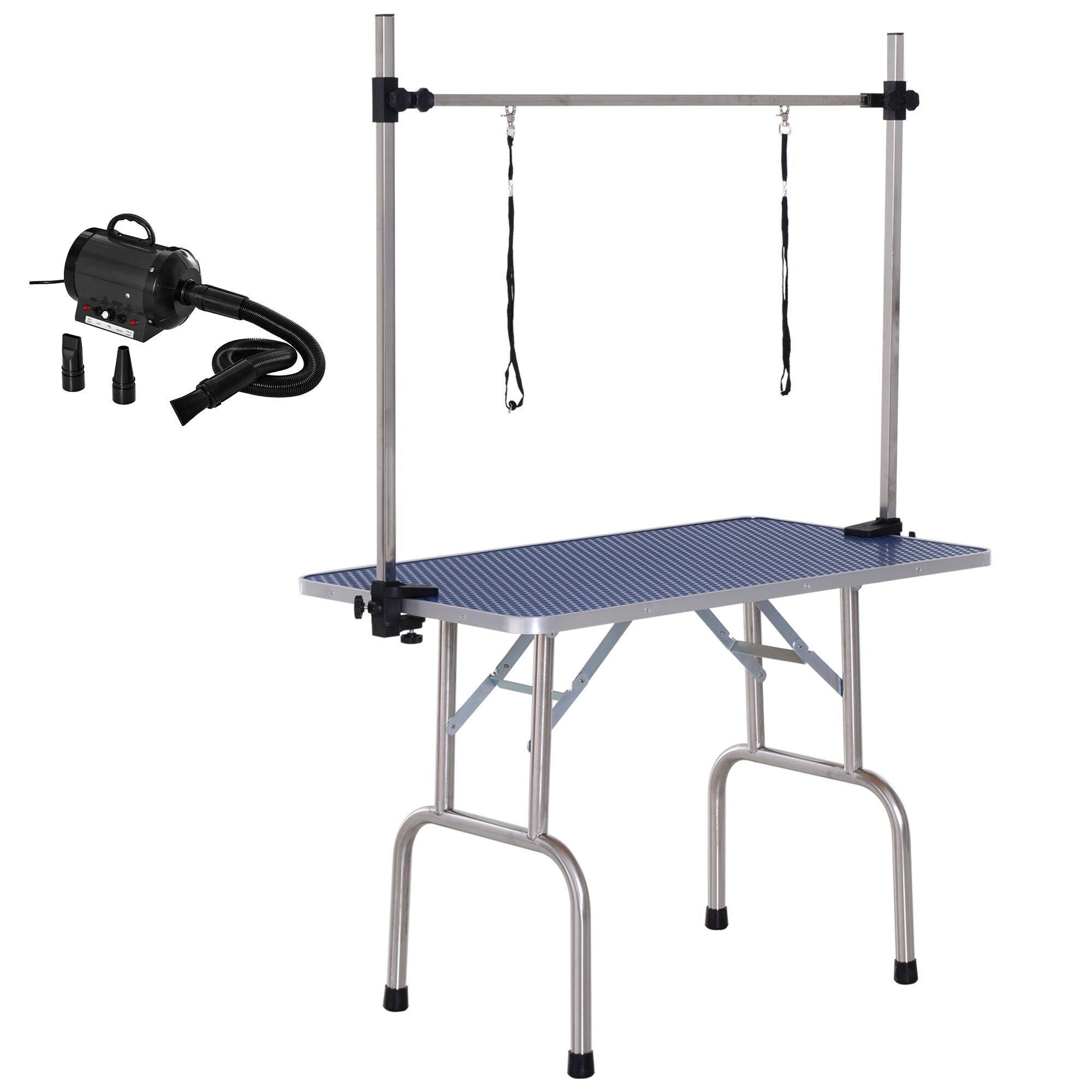 PawHut Conjunto para Mascotas Juego de Secador de Pelo para Perros 2800W y Mesa de Peluquer&iacute;a para Mascotas Plegable con Altura Ajustable 40x16x20 cm 107x60x170 cm Negro y Azul, , large Imagen numero 1
