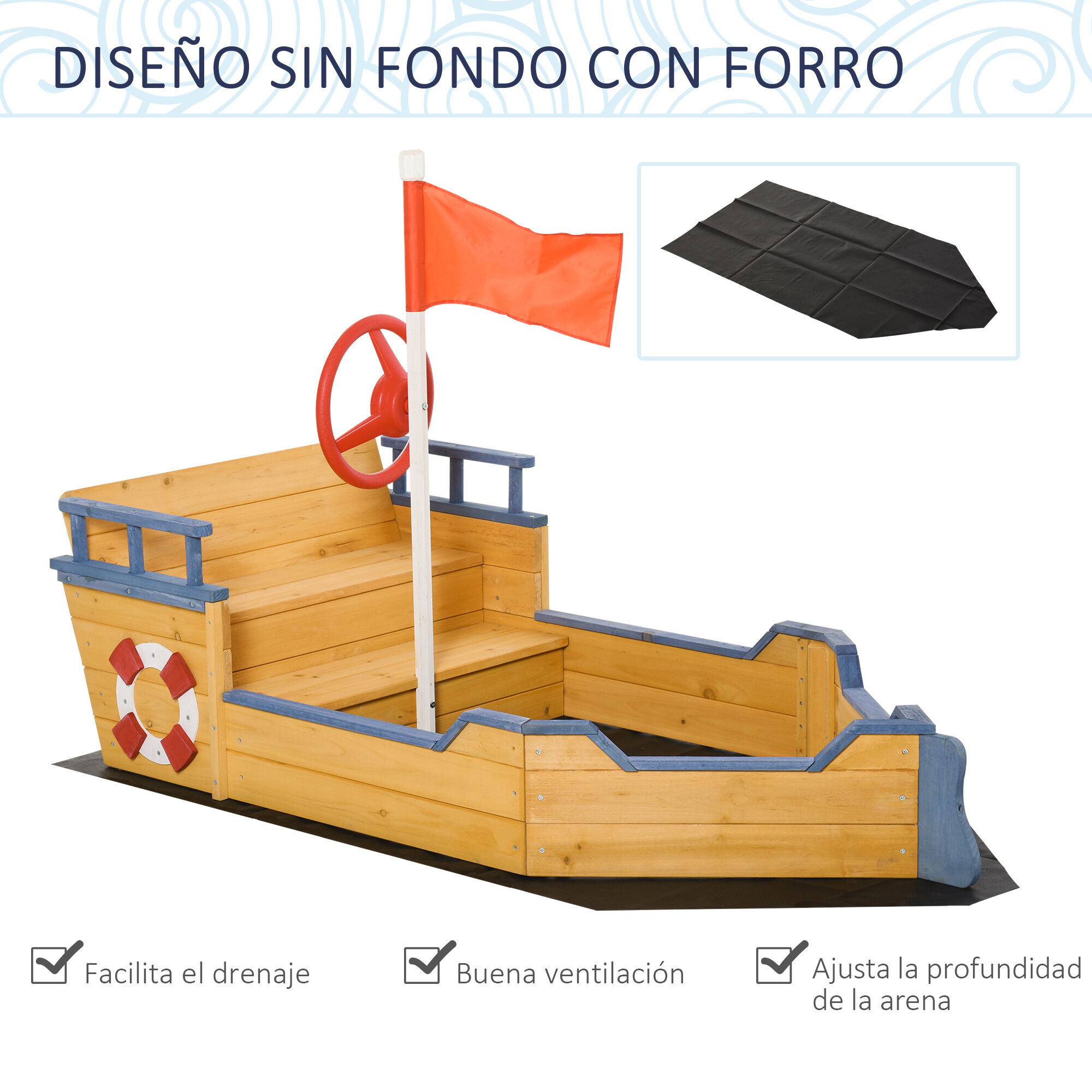 Outsunny Arenero Infantil de Madera Dise&ntilde;o de Gale&oacute;n con 2 Escalones Banco con Almacenaje Bandera y Tim&oacute;n Caj&oacute;n de Arena de Jard&iacute;n para Ni&ntilde;os de +3 A&ntilde;os 158x78x45,5 cm Natural, , large Imagen numero 4