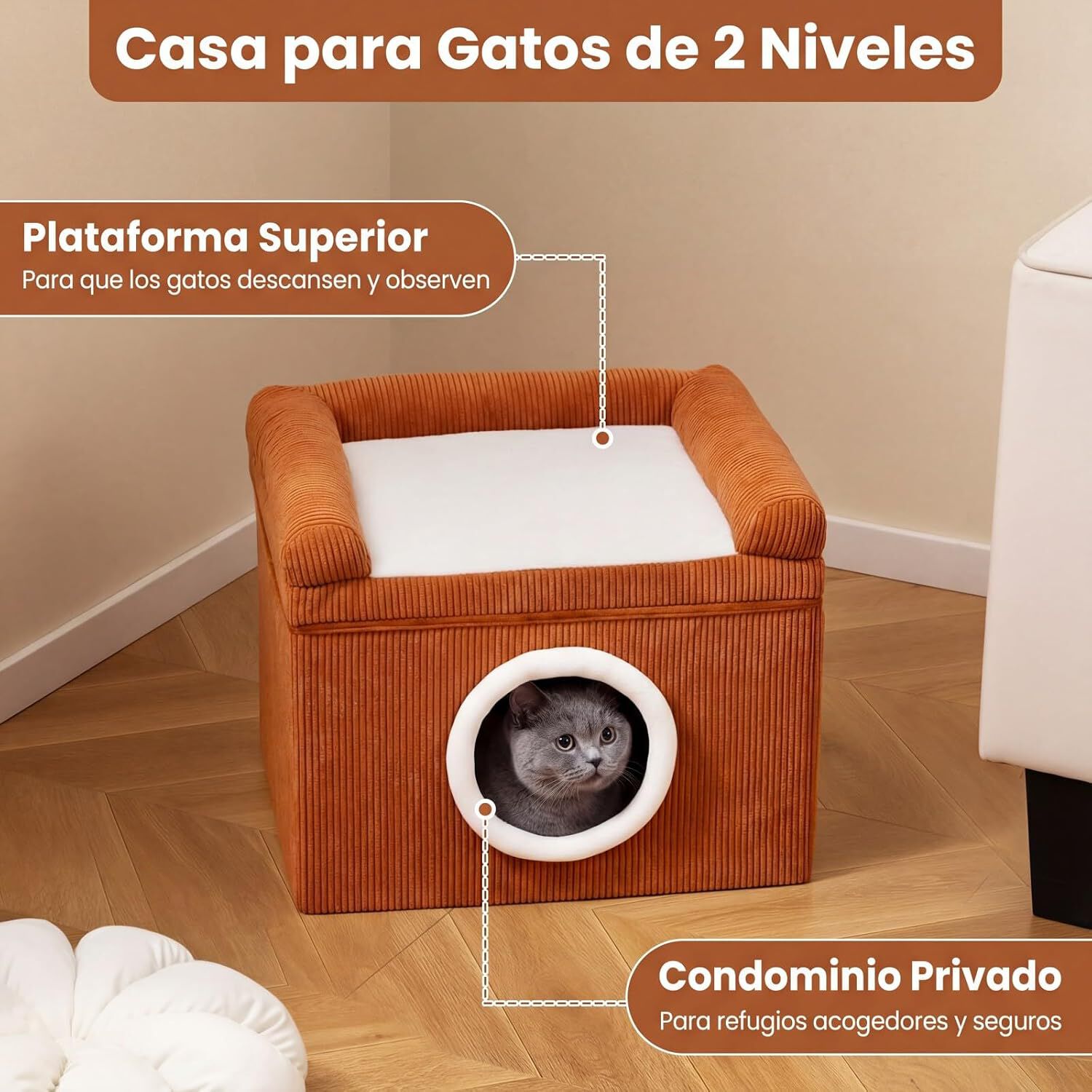 COSTWAY Camas para Gatos de Interior, Gran Cueva para Gatos con Acogedor Condominio, Alfombrilla Rascadora de Sisal, Coj&iacute;n Suave, Base Antideslizante, Casa Plegable Mascotas, Carga 15 kg (Marr&oacute;n), , large Imagen numero 4