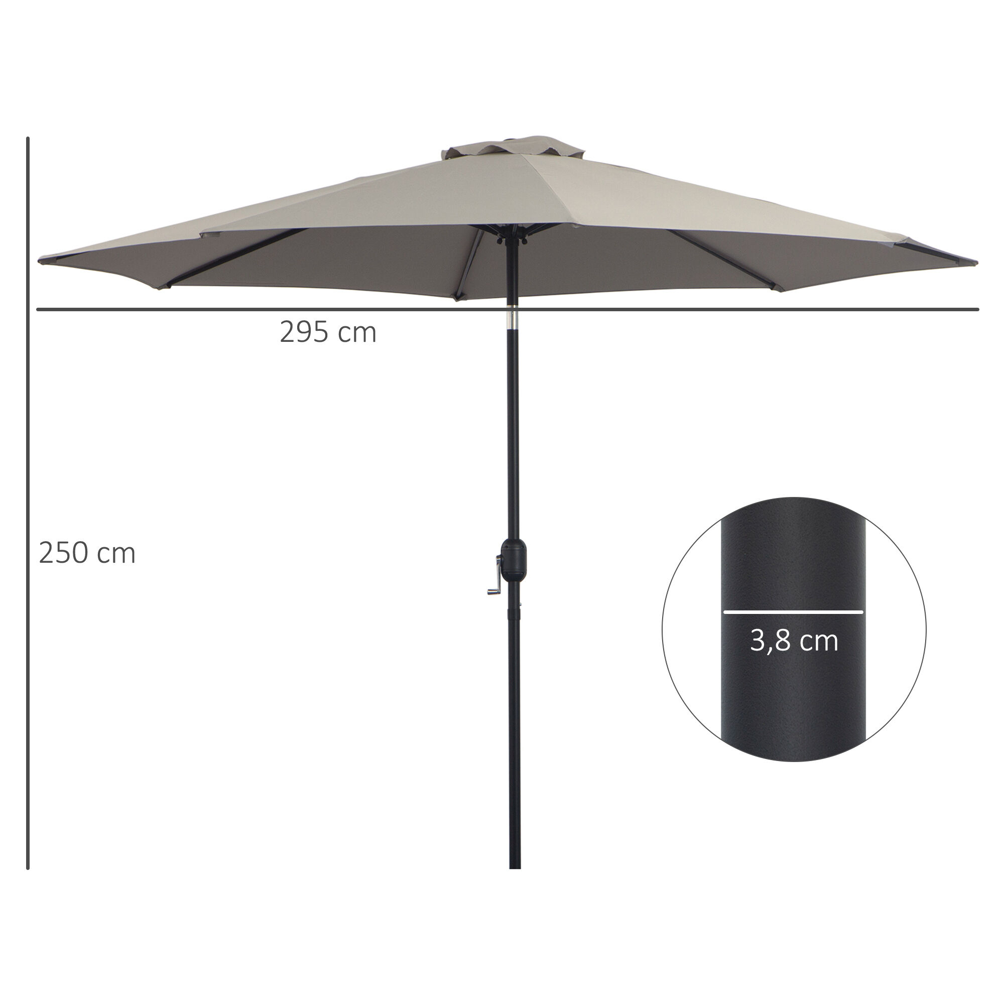Outsunny Sombrilla de Jard&iacute;n &Oslash;295x250 cm con Manivela Parasol Exterior con Mecanismo de Inclinaci&oacute;n y Poste Desmontable de Metal para Terraza Piscina Patio Gris Claro, , large Imagen numero 3