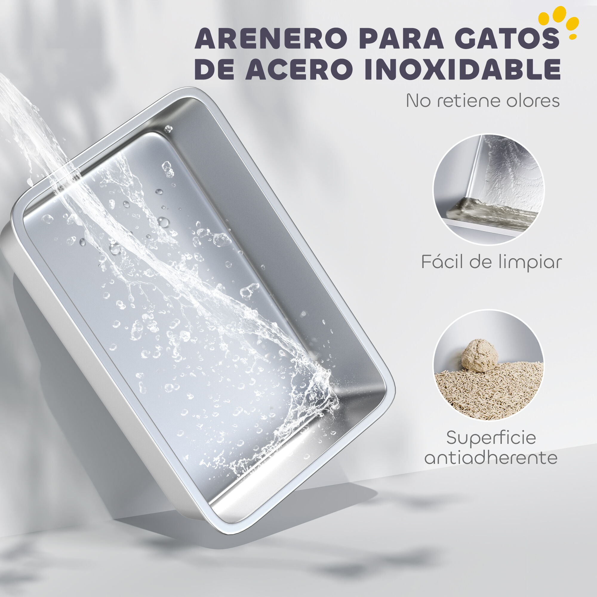PawHut Arenero para Gatos de Acero Inoxidable XXL Caja de Arena para Gatos Arenero con Borde Alto Pala Fácil de Limpiar Prueba de Fugas 70x50x30 cm Gris thumbnail