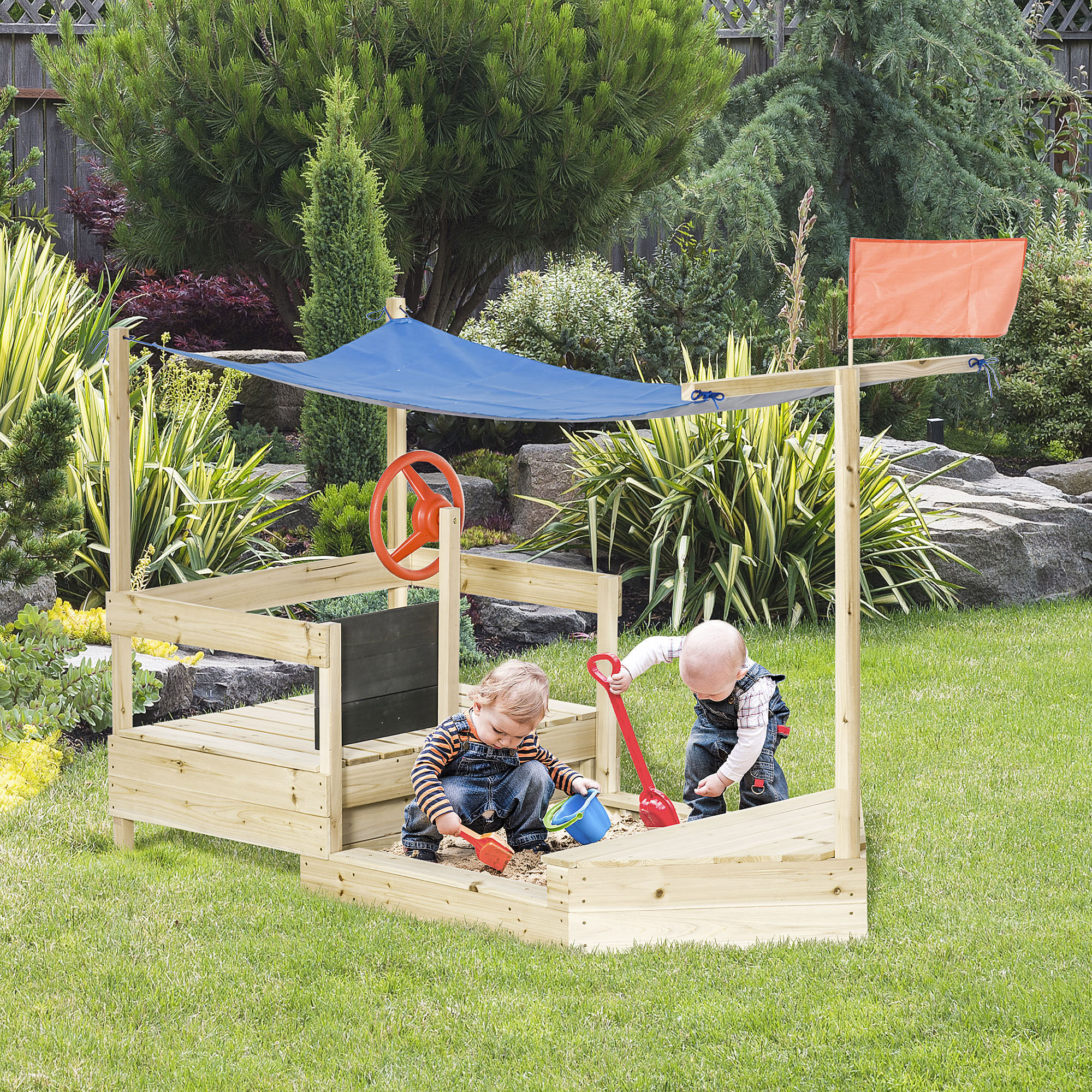 Outsunny Arenero Infantil de Madera Caj&oacute;n de Arena de Jard&iacute;n Dise&ntilde;o de Gale&oacute;n con Vela Toldo Pizarra Bandera Roja y Tim&oacute;n para Ni&ntilde;os de +3 A&ntilde;os 180x91,5x144 cm Natural, , large Imagen numero 2