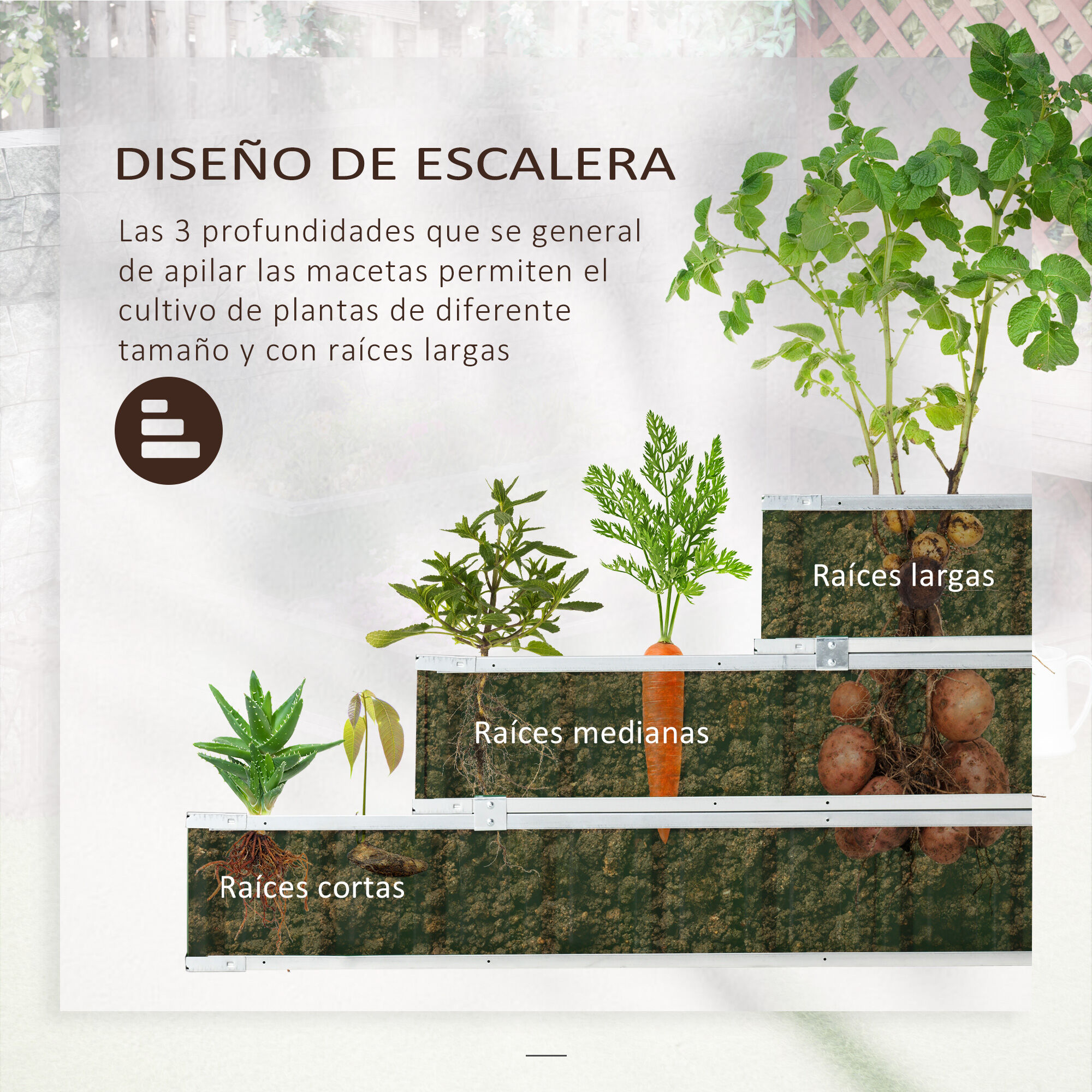 Outsunny Huerto Urbano de 3 Niveles de Jard&iacute;n Acero 118x118x62 cm Arriate de Escalera para Cultivos Plantas Flores para Terraza Exterior Gris, , large Imagen numero 5