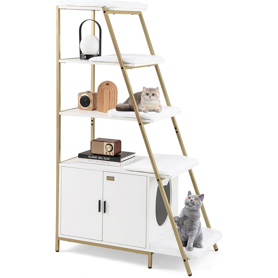 COSTWAY Caja de Arena para Gatos, Mueble de Ba&ntilde;o Oculto para Gatos con Escalera de 5 Niveles, 5 Alfombrillas Extra&iacute;bles y Entrada Lateral, Estante Esquinero Alto, 92,5 x 49 x 149 cm (Blanco), , large Imagen numero 1