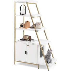 COSTWAY Caja de Arena para Gatos, Mueble de Ba&ntilde;o Oculto para Gatos con Escalera de 5 Niveles, 5 Alfombrillas Extra&iacute;bles y Entrada Lateral, Estante Esquinero Alto, 92,5 x 49 x 149 cm (Blanco)