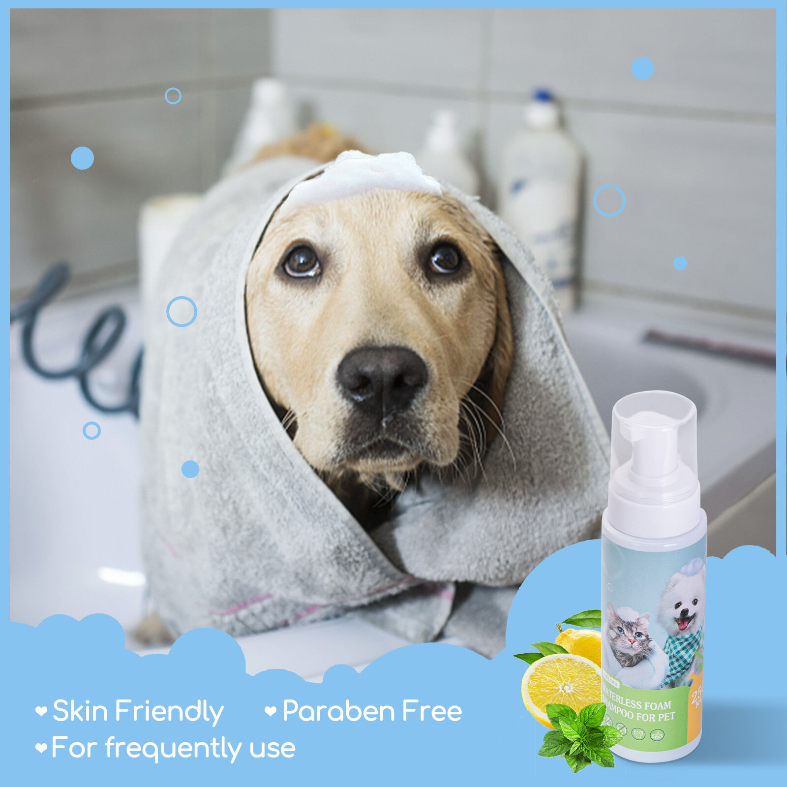 Nobleza Champ&uacute; Espuma de Lavado en Seco para Perros y Gatos y Conejo ,Hipoalerg&eacute;nico,Adecuado para Mascotas con Baja Resistencia: Gatitos, Cachorros,con La Fragancia de la Hierba de Lim&oacute;n (250ml), , large Imagen numero 3