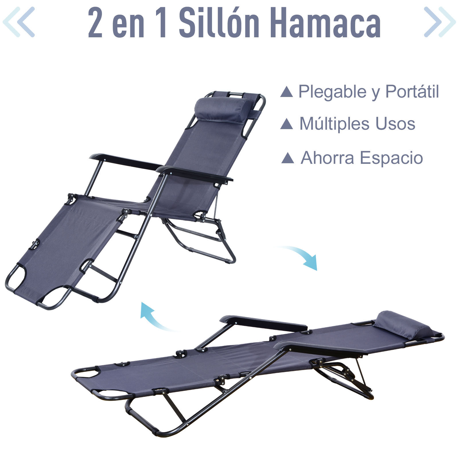 Outsunny Tumbona Reclinable y Plegable Silla de Playa Tumbona Relax Plegable con Respaldo Ajustable Reposabrazos Almohada y Reposapi&eacute;s para Jard&iacute;n Balc&oacute;n Carga 136 kg 135x60x89 cm Gris, , large Imagen numero 4