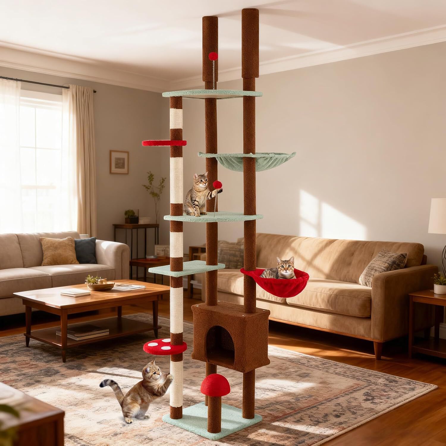COSTWAY &Aacute;rbol Rascador para Gatos de Suelo a Techo, Torre Rascador Alta para Gatos, Ajustable de 207-277 cm, con Condo y Hamaca, Cesta Colgante, Postes para Rascar de Sisal, 2 Pelotas con Resorte, , large Imagen numero 2