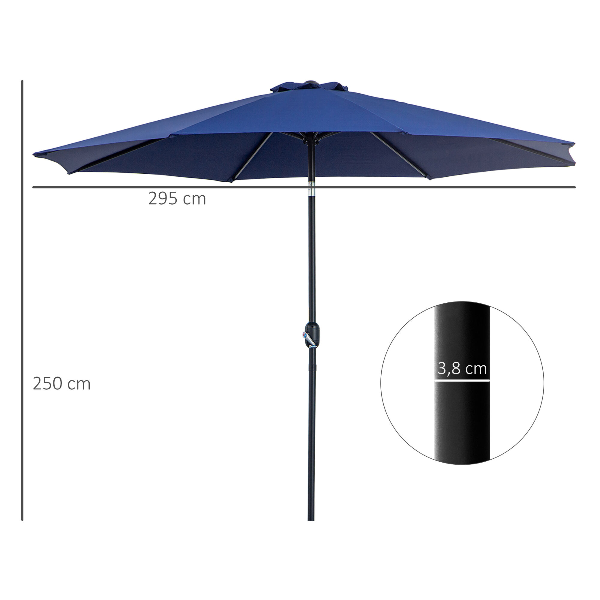Outsunny Sombrilla de Jard&iacute;n &Oslash;295x250 cm con Manivela Parasol Exterior con Mecanismo de Inclinaci&oacute;n y Poste Desmontable de Metal para Terraza Piscina Patio Azul, , large Imagen numero 3