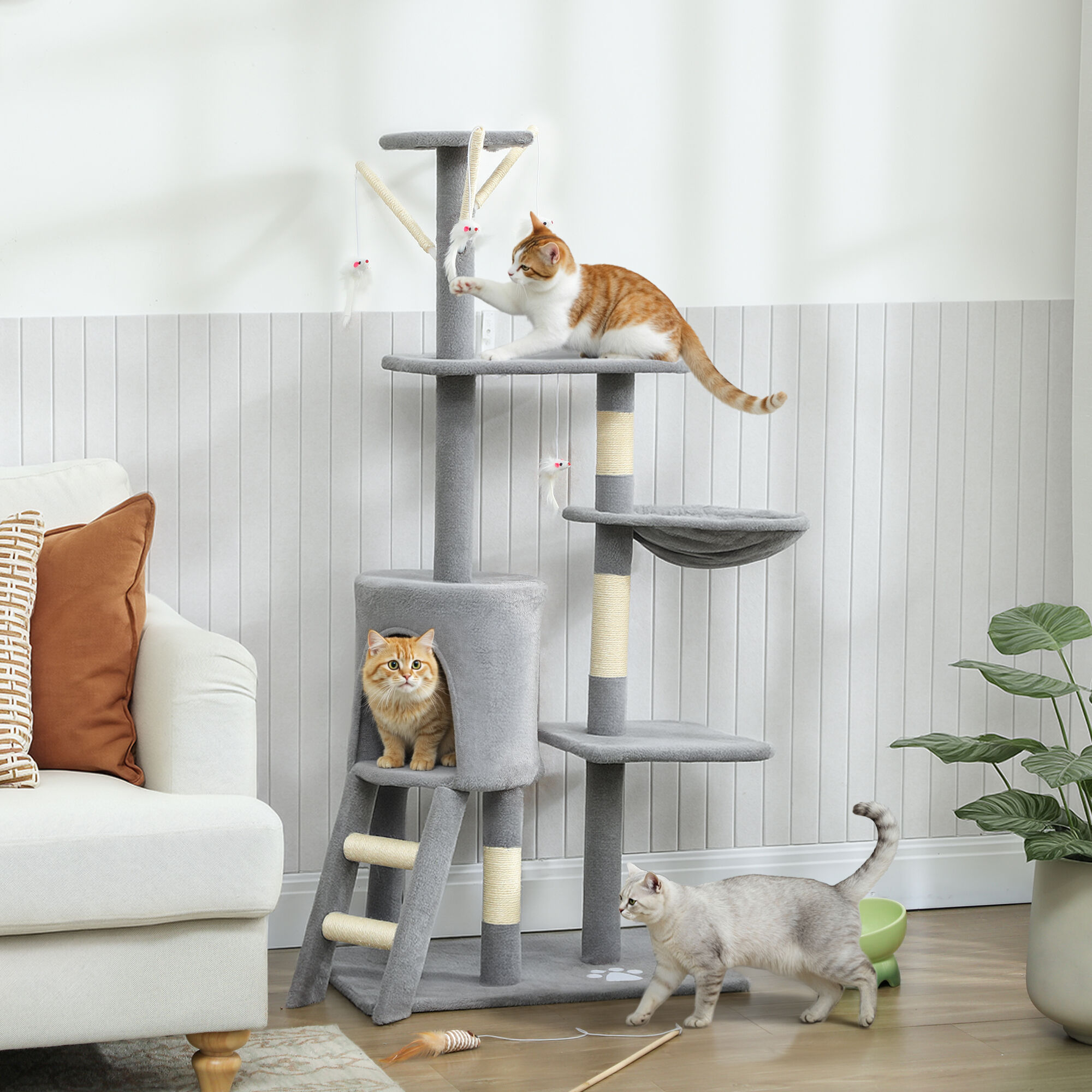 PawHut Árbol Rascador para Gatos Grande, Árbol para Gatos, Altura 134 cm, Torre de Escalada con 6 Postes de Sisal, 3 Plataformas, 1 Cueva, 1 Hamaca, 1 Escalera, 4 Juguetes Colgantes, Gris thumbnail