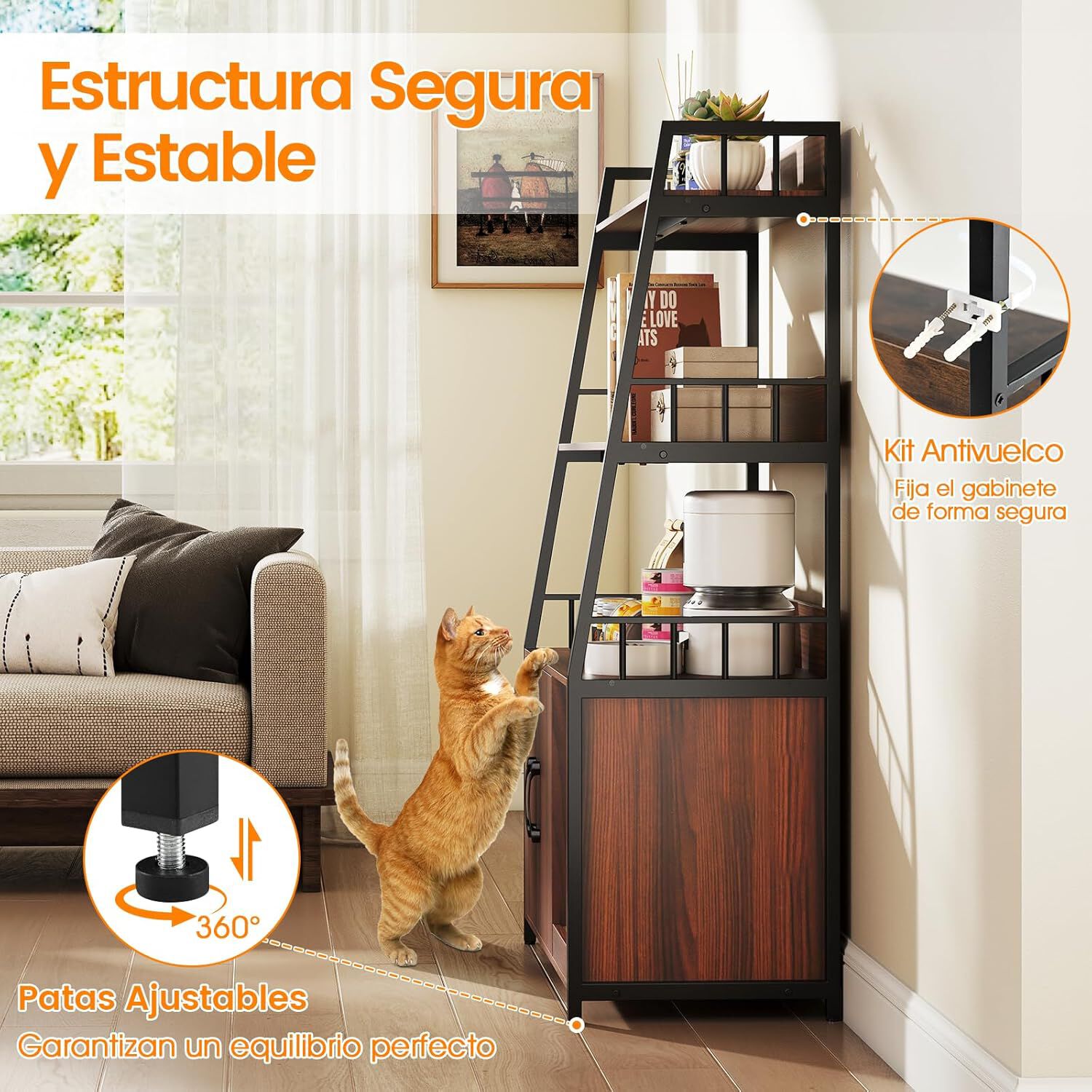 COSTWAY Armario para Gatos, Armario de Caja de Arena con Estantes de Almacenamiento, Almohadilla para Arañar, Estación de Carga, Mueble de Interior Resistente con Kit Antivuelco (Nogal) thumbnail