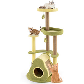 COSTWAY 125cm Árbol de Gato, Torre Multinivel para Gatos en Forma de Aguacate con Condominio Privado, Cepillo de Autocuidado, Plataformas, Estructura de Escalada Independiente para Gatos de Interior