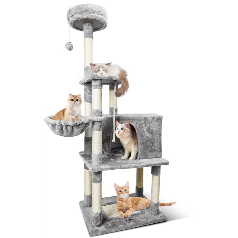 Nobleza Árbol Rascador para Gatos Altura 148 CM, Rascador para Gatos Grandes de Varias Capas, Nido Colgante para Gatos, 9 Postes de Sisal, Pelotas de Felpa, Gris