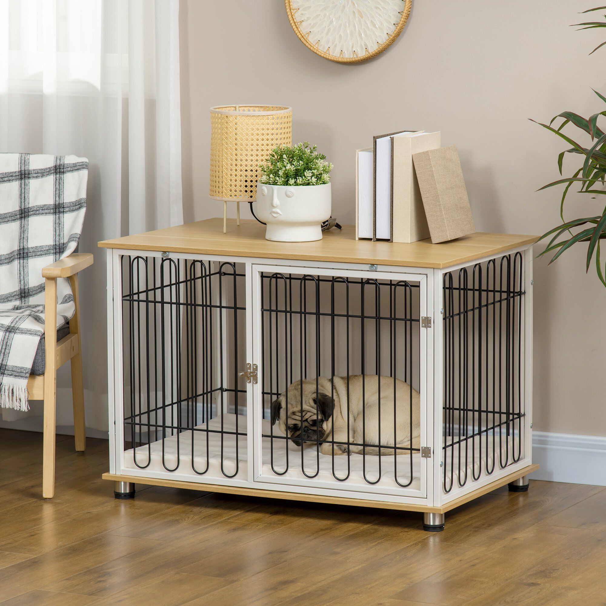 PawHut Jaula para Perros para Interior en Casa 90x58x62,5 cm Mueble Perrera Superficie Mesa Auxiliar con Coj&iacute;n Lavable Puerta con Cerradura y Rejillas de Acero Roble, , large Imagen numero 2