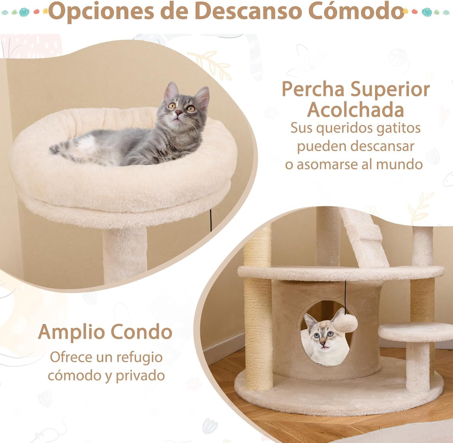 COSTWAY Árbol para Gatos, Torre para Gatos con Condominio y Percha Acolchada, Postes de Sisal para Rascar, Bola Colgante con Campana, Plataformas de Salto, Escalera, Base Ancha Estable (Blanco) thumbnail