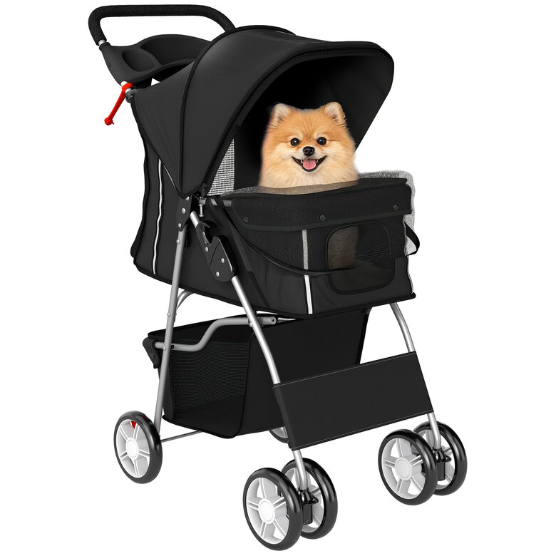 PawHut Carrito para Perros Plegable, Cochecito para Perros Pequeños con Cesta de Almacenaje, Ventanas de Malla, Portavasos, Ruedas de EVA, Cojín Lavable, Frenos, Carga 10 kg, 77x44x102 cm, Negro