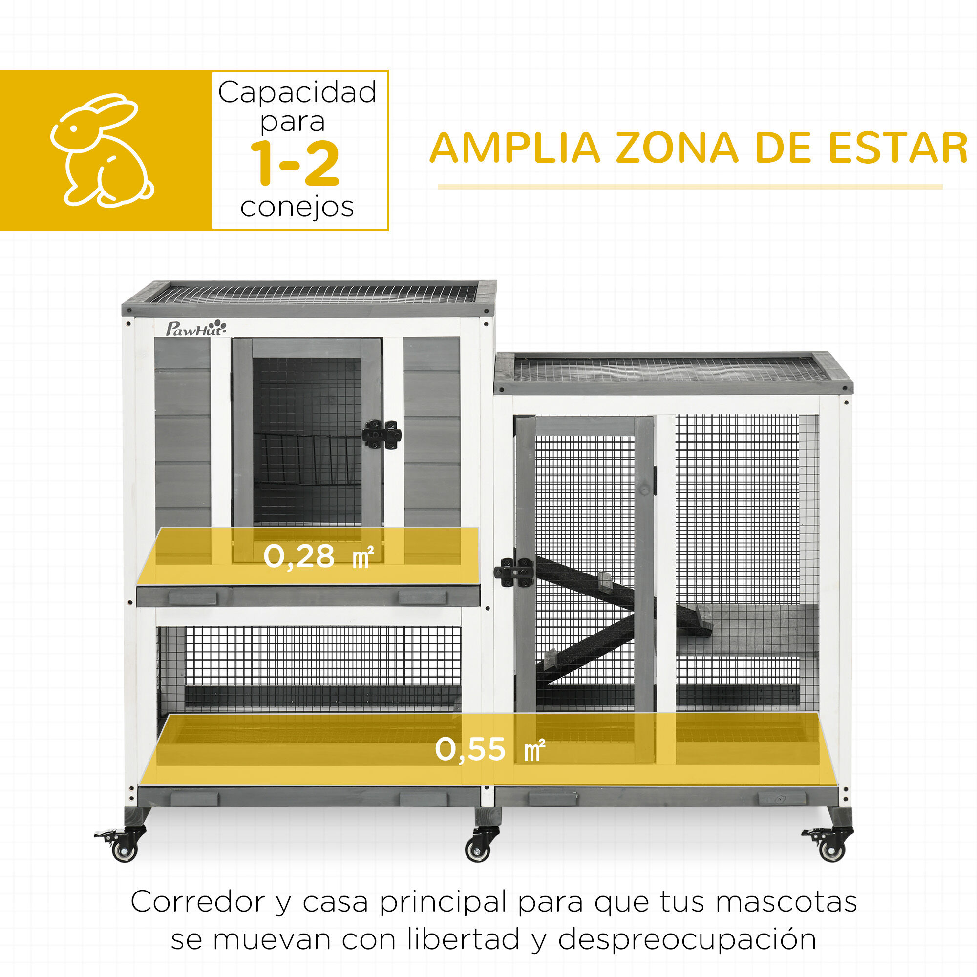 PawHut Conejera de Madera para Interior Jaula para Conejos Mascotas Peque&ntilde;as de 2 Niveles con 6 Ruedas 2 Escaleras 3 Bandejas Extra&iacute;bles y Zona Abierta 110x50x86 cm Gris, , large Imagen numero 4