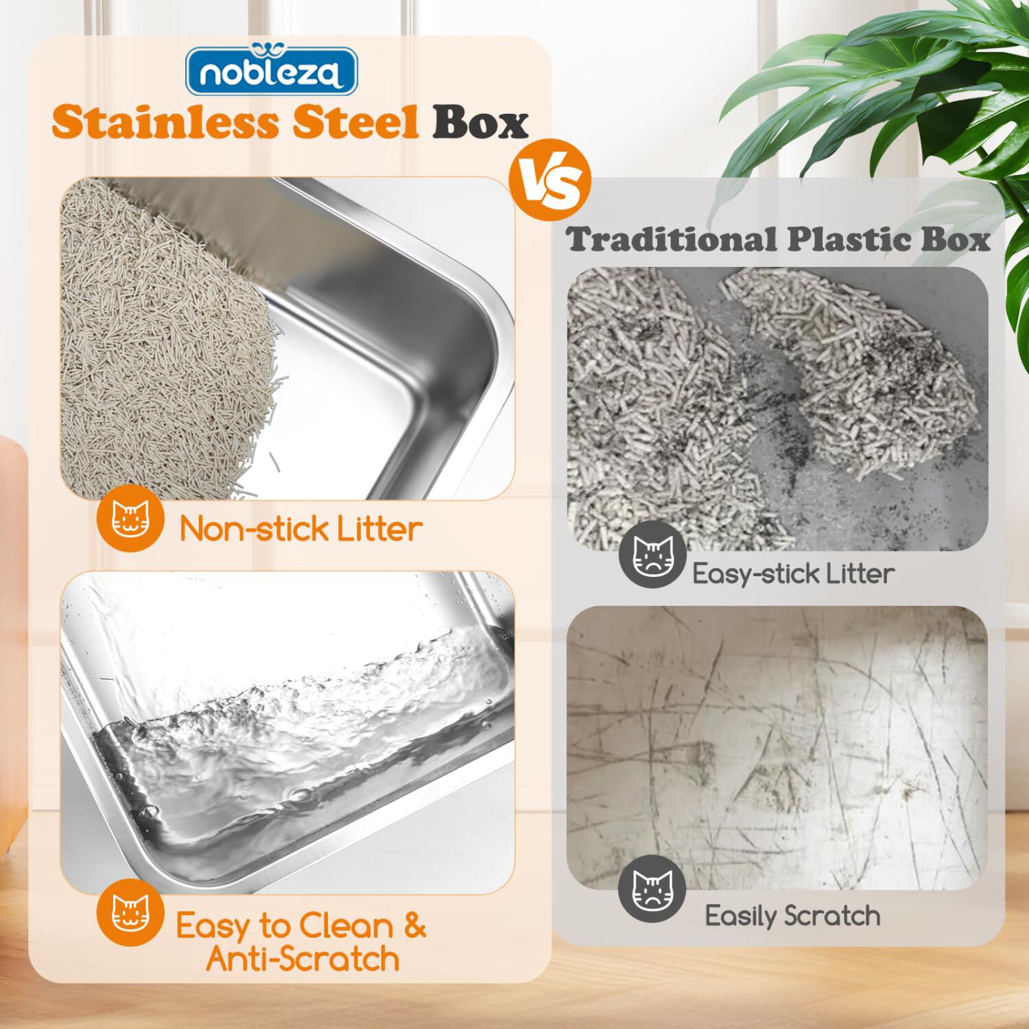 Nobleza - Arenero para Gatos de Acero Inoxidable Cerrado Grande 60x40x15 cm - Caja de Arena con Borde Alto, No Absorbe Olores, Antideslizante - Adecuado para Gatos Grandes y M&uacute;ltiples Gatitos, , large Imagen numero 4