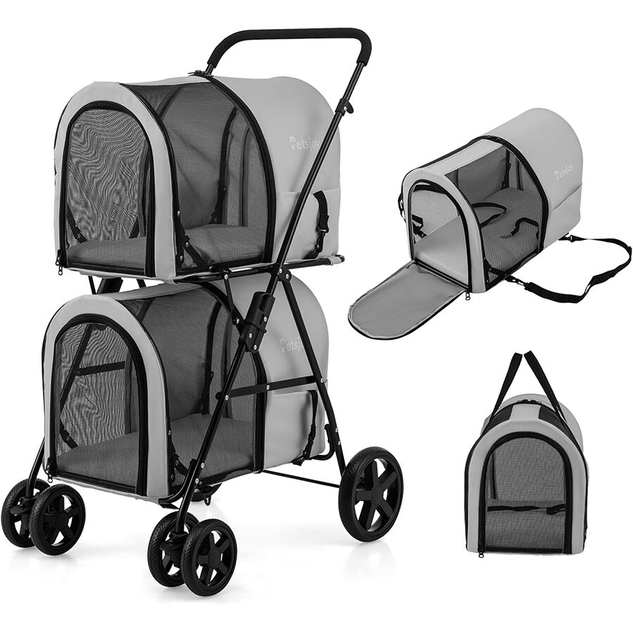 COSTWAY Cochecito Multifuncional 4 en 1 para Perros y Gatos, Cochecitos para Mascotas de Doble Nivel, Carrito para Mascotas, Cochecito Plegable Desmontable para Mascota con 4 Ruedas (Gris), , large Imagen numero 1