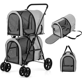 COSTWAY Cochecito Multifuncional 4 en 1 para Perros y Gatos, Cochecitos para Mascotas de Doble Nivel, Carrito para Mascotas, Cochecito Plegable Desmontable para Mascota con 4 Ruedas (Gris)