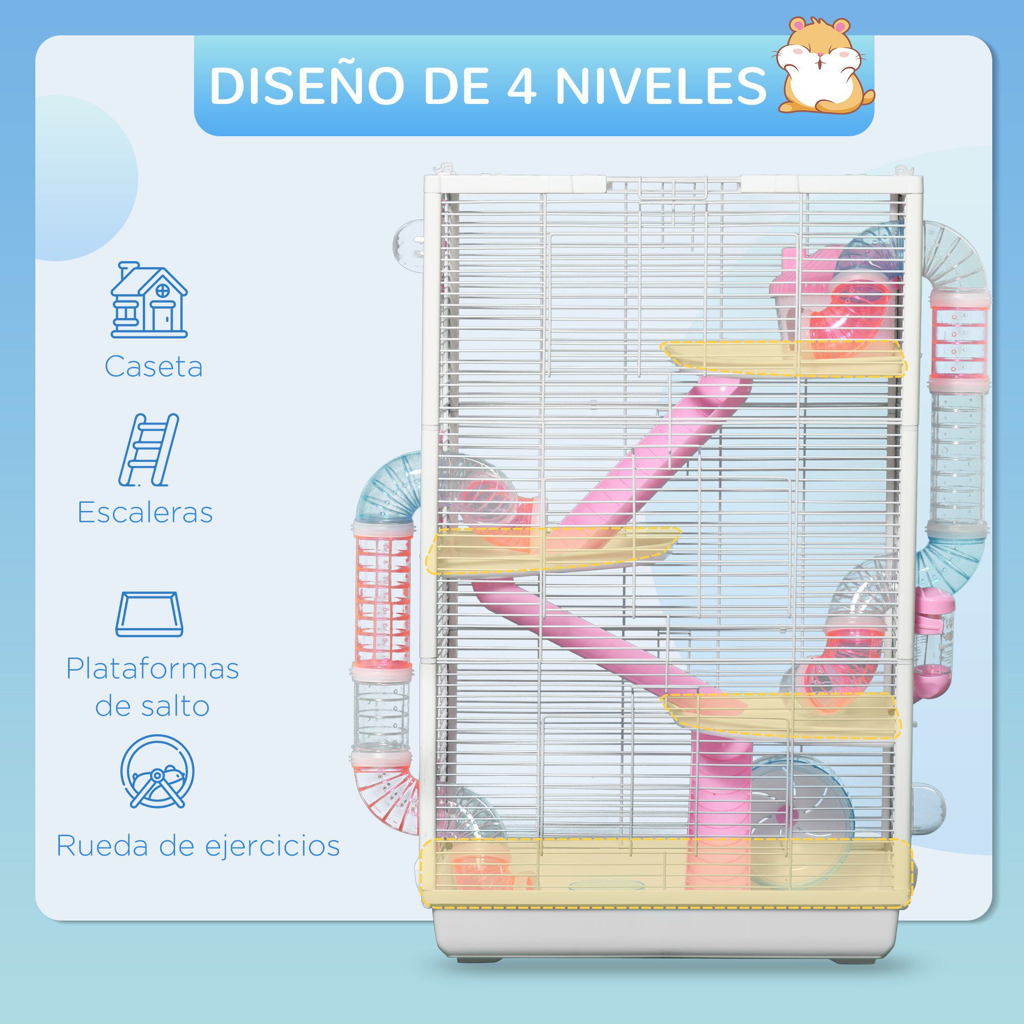 PawHut Jaula para H&aacute;mster con T&uacute;nel Casa para Animales Peque&ntilde;os 47x29,5x76 cm con 3 Puertas Plataformas Bandeja Cuenco Bebedero Casita 3 Rampas y Rueda de Ejercicio Blanco, , large Imagen numero 5