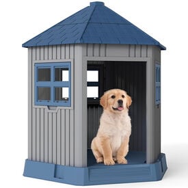 COSTWAY Caseta Perros Exterior de Pl&aacute;stico, 76x90x96 cm, Casa para Perros Grande con 2 Ventanas y Claraboya, Techo Inclinado, Entrada Amplia, Impermeable, Caseta para Perro en Forma de Granero