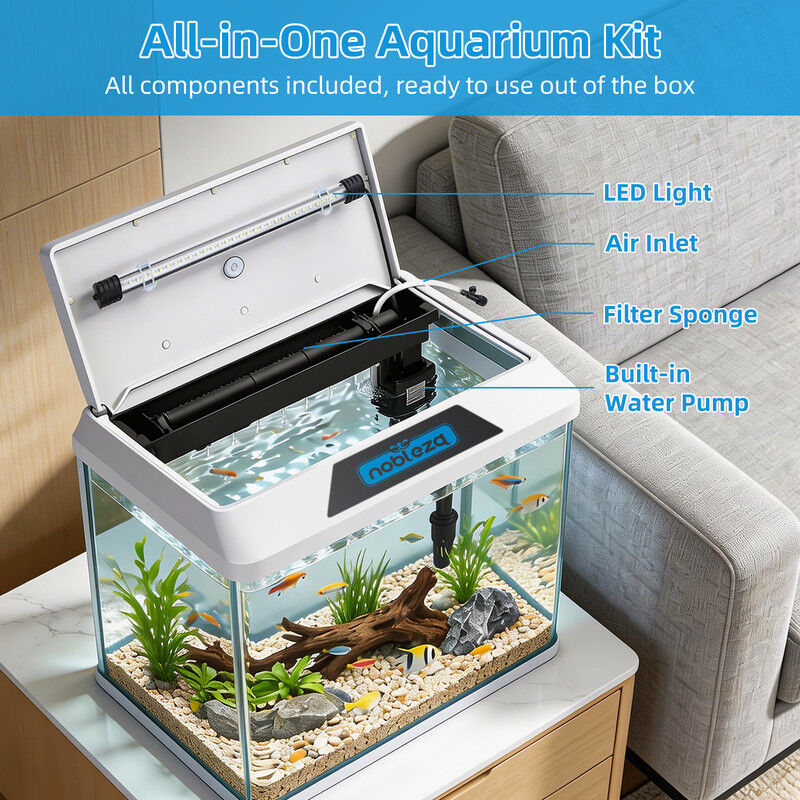 Nobleza - Acuario de Cristal 54L con Iluminaci&oacute;n LED y Filtro Interno, Pecera con Tapa para Peces, Dise&ntilde;o de Vidrio Curvo, Blanco, , large Imagen numero 2