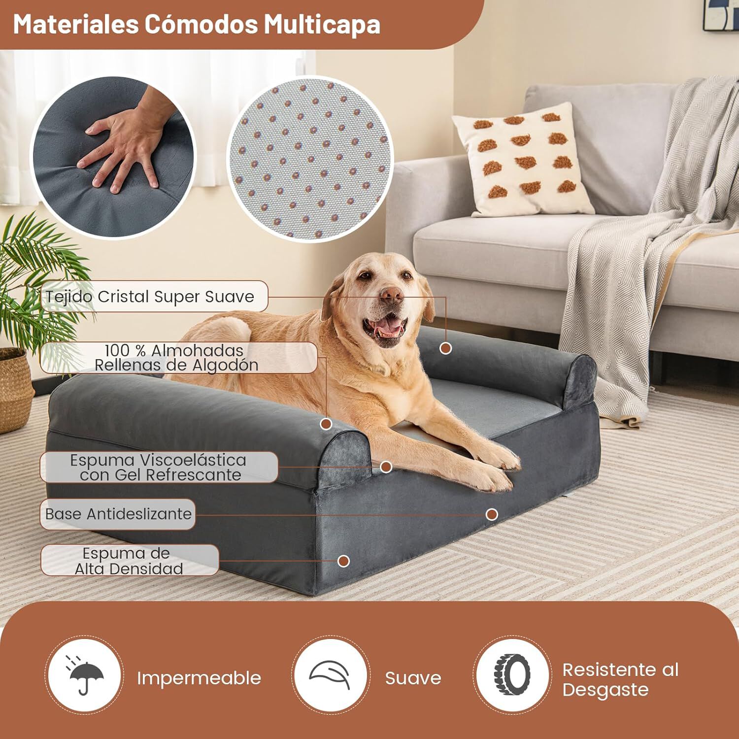 COSTWAY Cama Perro Grande, 100x81x30,5 cm, Cama Ortop&eacute;dica para Perros con Espuma Viscoel&aacute;stica y Reposacabezas, Base Antideslizante, Desenfundable y Lavable, Sof&aacute; Perro Desmontable, Mascotas, Gris, , large Imagen numero 3