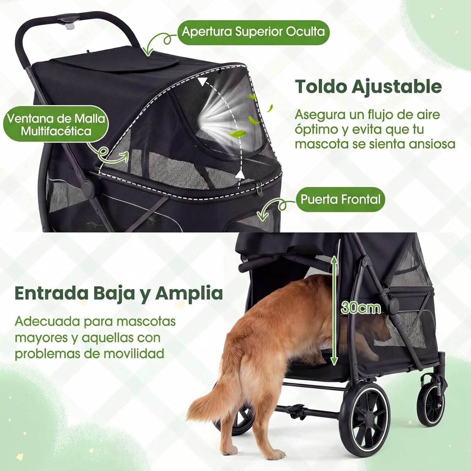 COSTWAY Carrito para Perros Plegable Grande, Cochecito para Mascotas con Ruedas, Toldo Ajustable de Malla, Bolsillos de Almacenamiento y Cintur&oacute;n de Seguridad, Carga 40 kg, 96 x 71 x 102,5 cm, Negro, , large Imagen numero 4