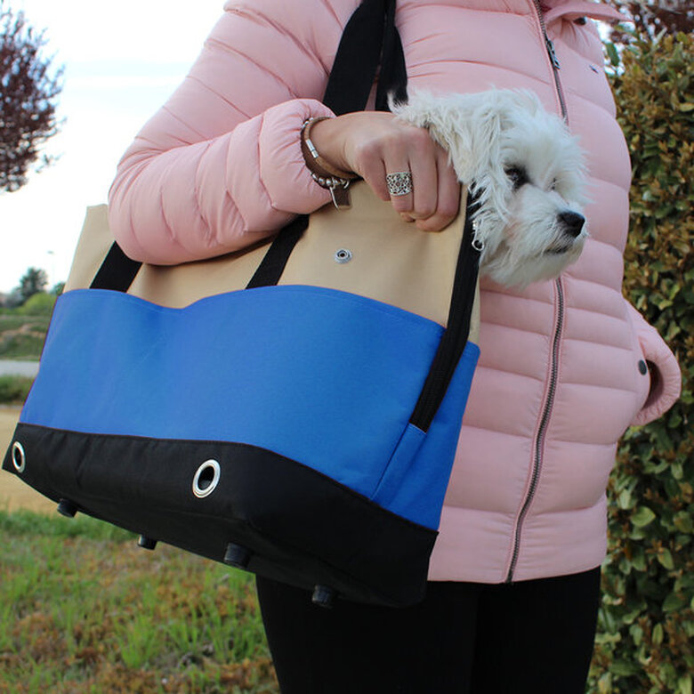 Bolso de transporte para perros y gatos, con 4 bolsillos laterales y protección anti-salto de color azul, , large image number null