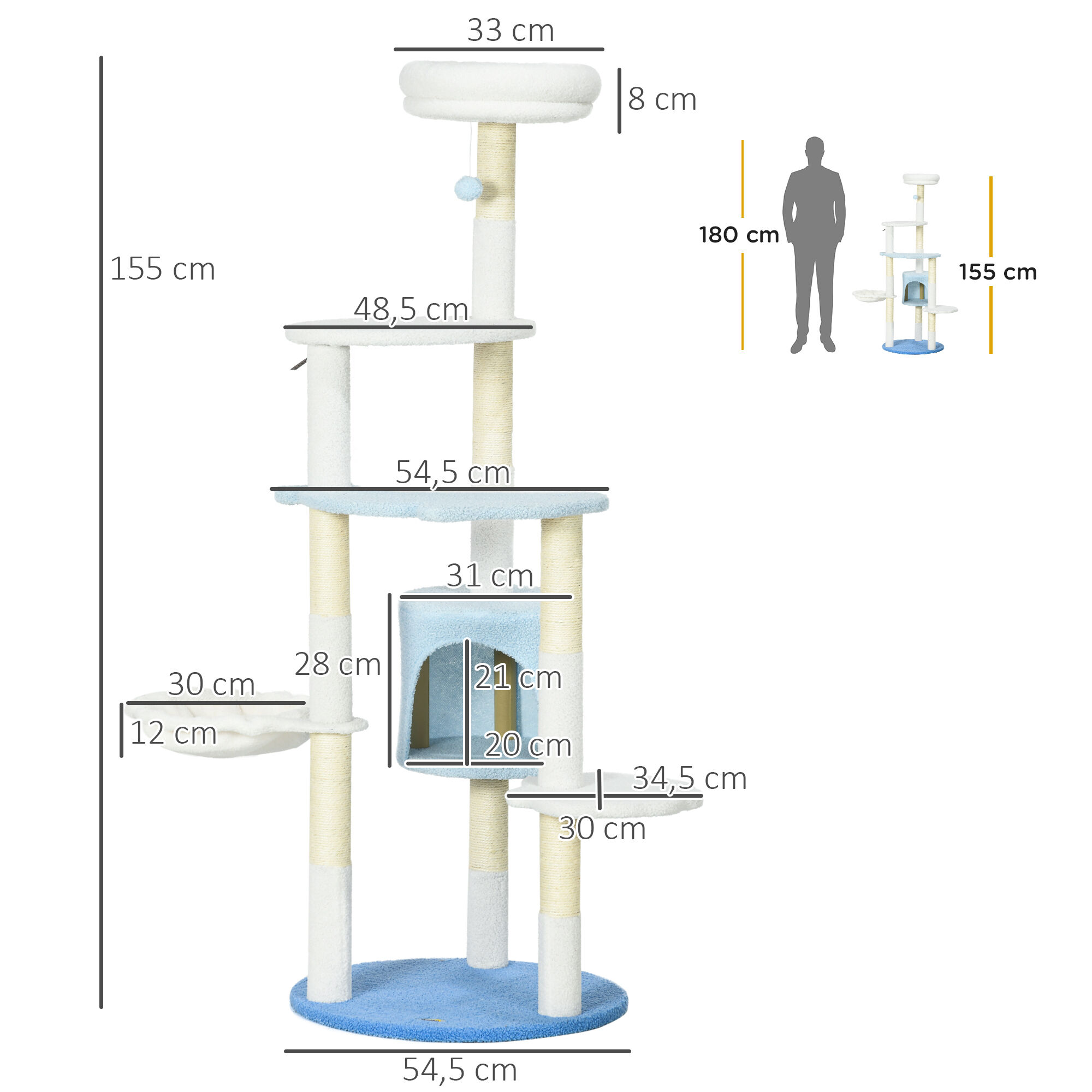 PawHut &Aacute;rbol Rascador para Gatos Grandes de 155 cm Torre para Gatos de Interior con Postes de Sisal Cueva Cama Hamaca y Bola de Juguete &Oslash;54,5x155 cm Blanco y Azul, , large Imagen numero 3