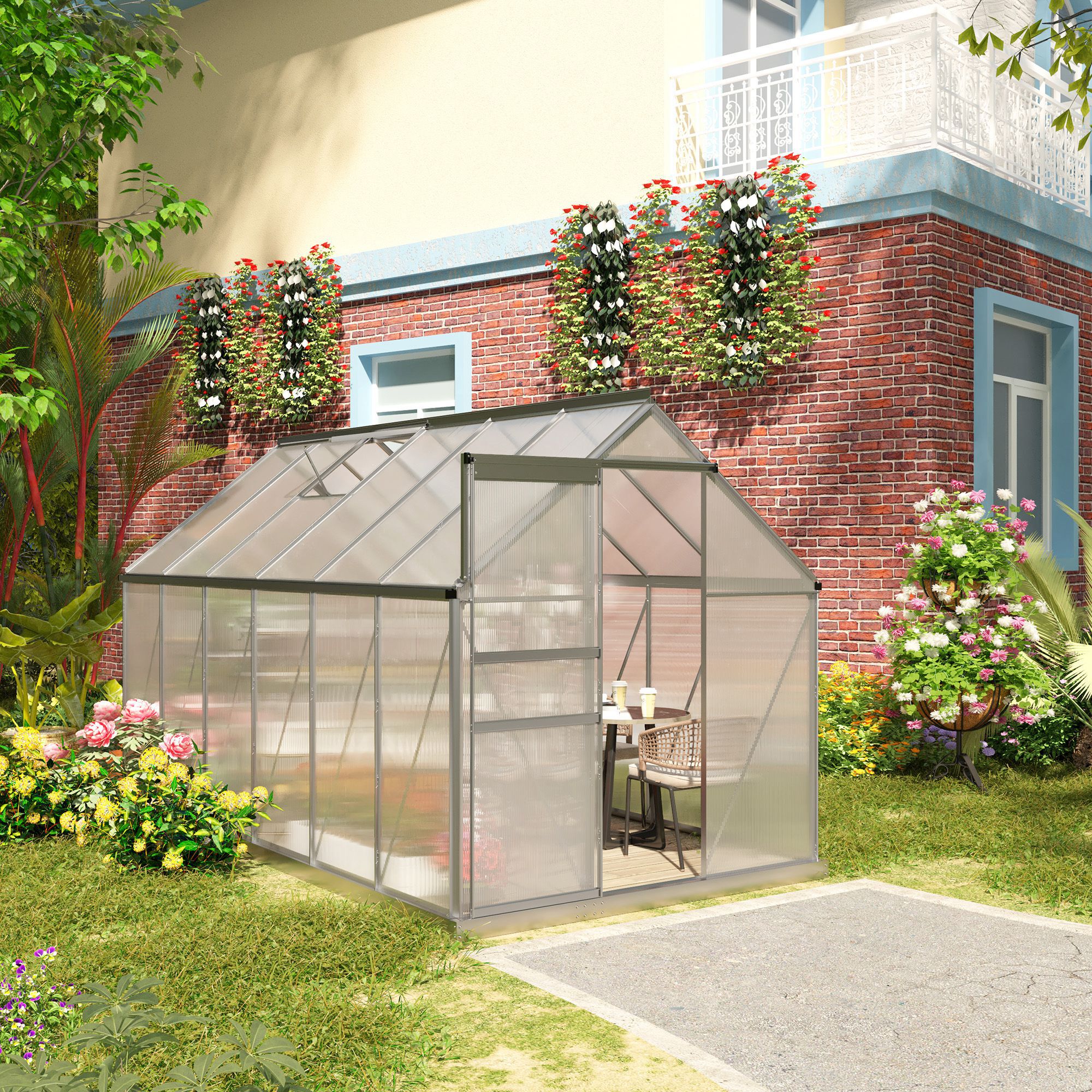 Outsunny Invernadero Policarbonato Aluminio de Jard&iacute;n 190x375x199 cm 7,1m&sup2; Caseta de Exterior con Base Puerta Corredera y 2 Tragaluces para Cultivo Plantas Semillas Transparente, , large Imagen numero 2