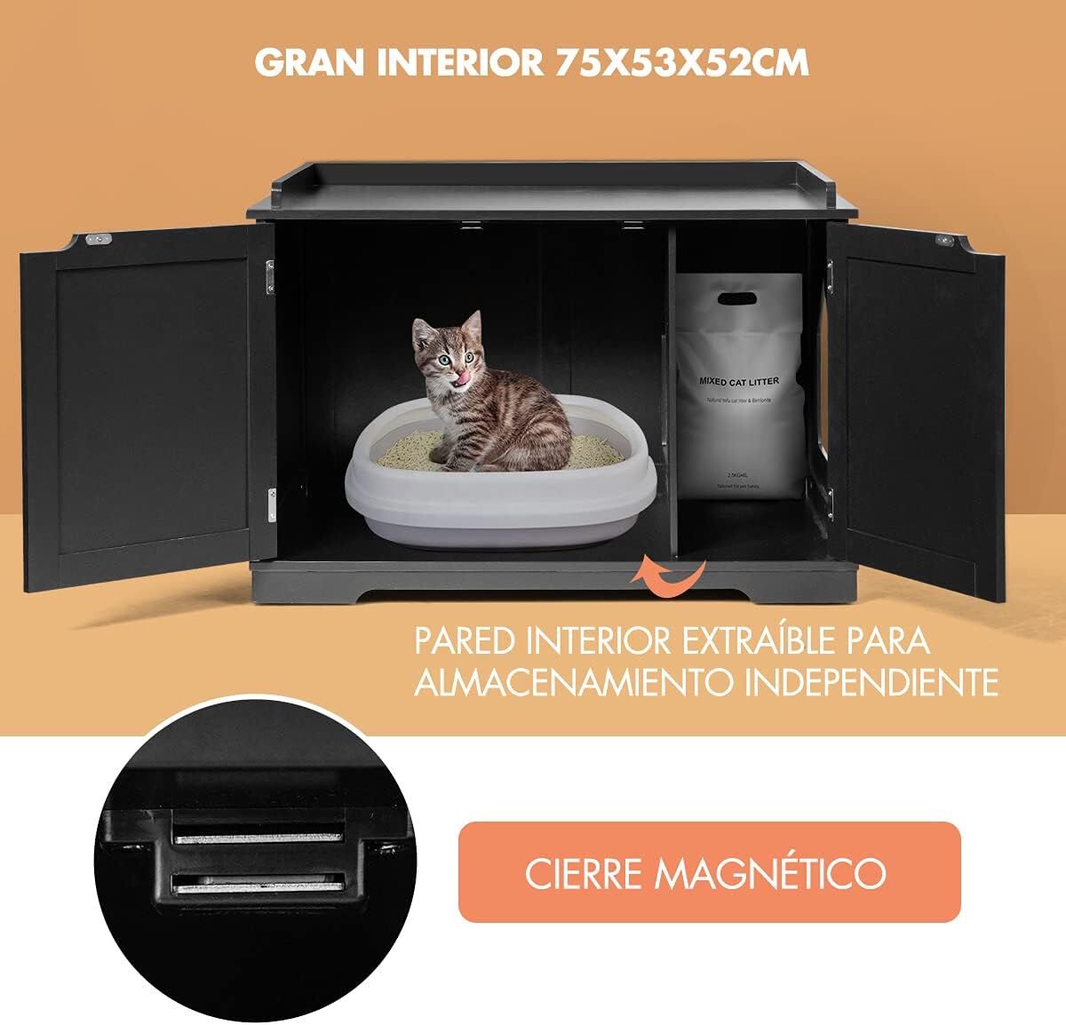 COSTWAY Casita para Gatos, Arenero para Gatos, Casita para Mascotas, Casa para Gatos, Recinto con Hoyo para Gatos, Caja para Animales con Estructura de Madera Resistente (Negro), , large Imagen numero 3