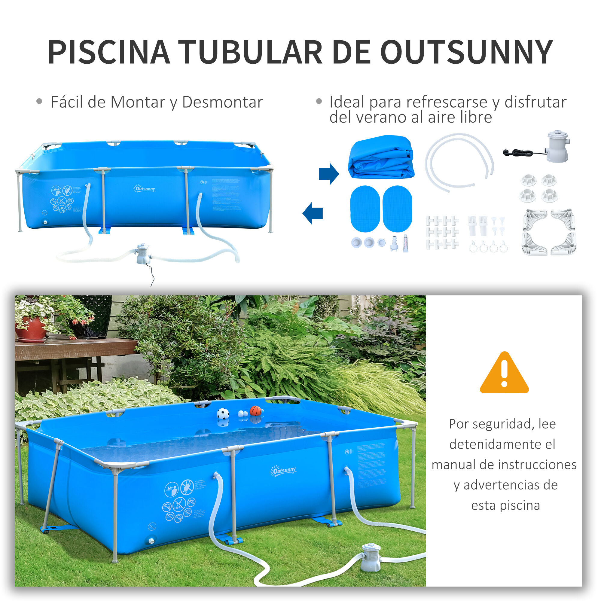 OUTSUNNY PISCINA AZUL RECTANGULAR DESMONTABLE PARA ADULTOS Y NIÑOS thumbnail