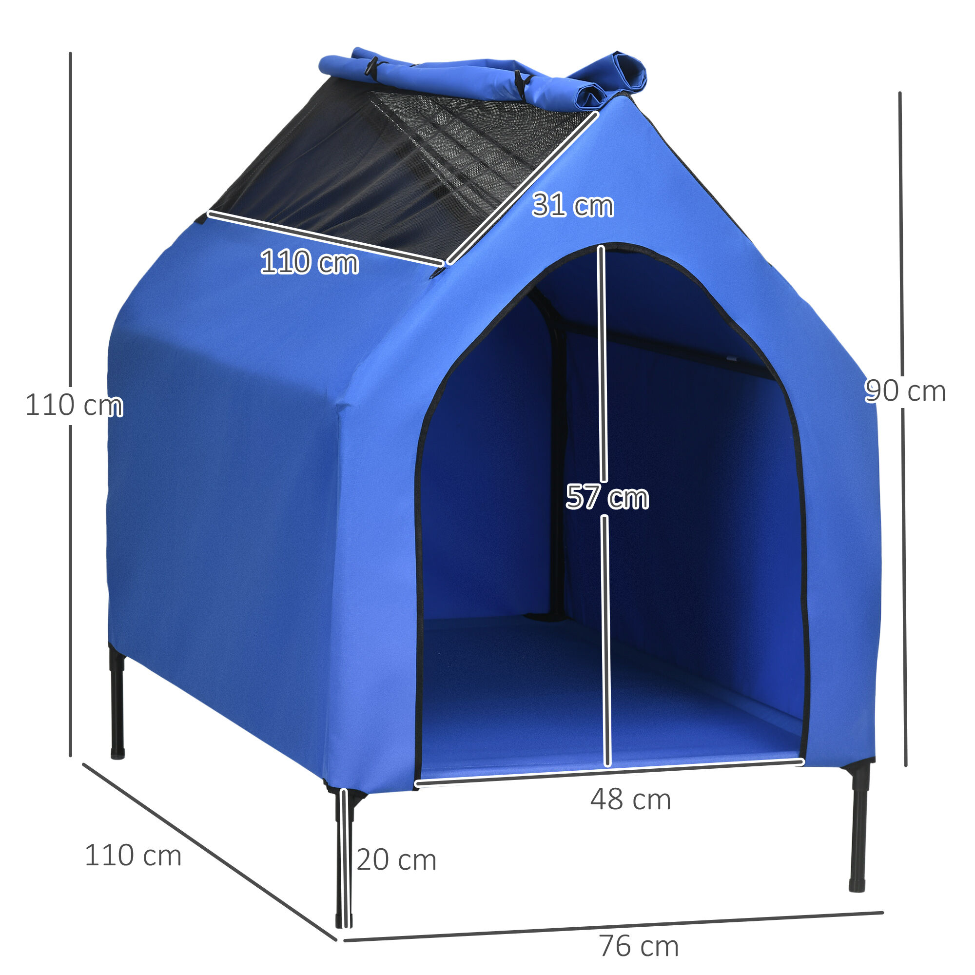 PawHut Caseta para Perros 130x85x121 cm Cama Elevada para Mascotas con Cubierta Desmontable y Ventanas de Malla para Perros Grandes y Extra Grandes Azul., , large Imagen numero 7