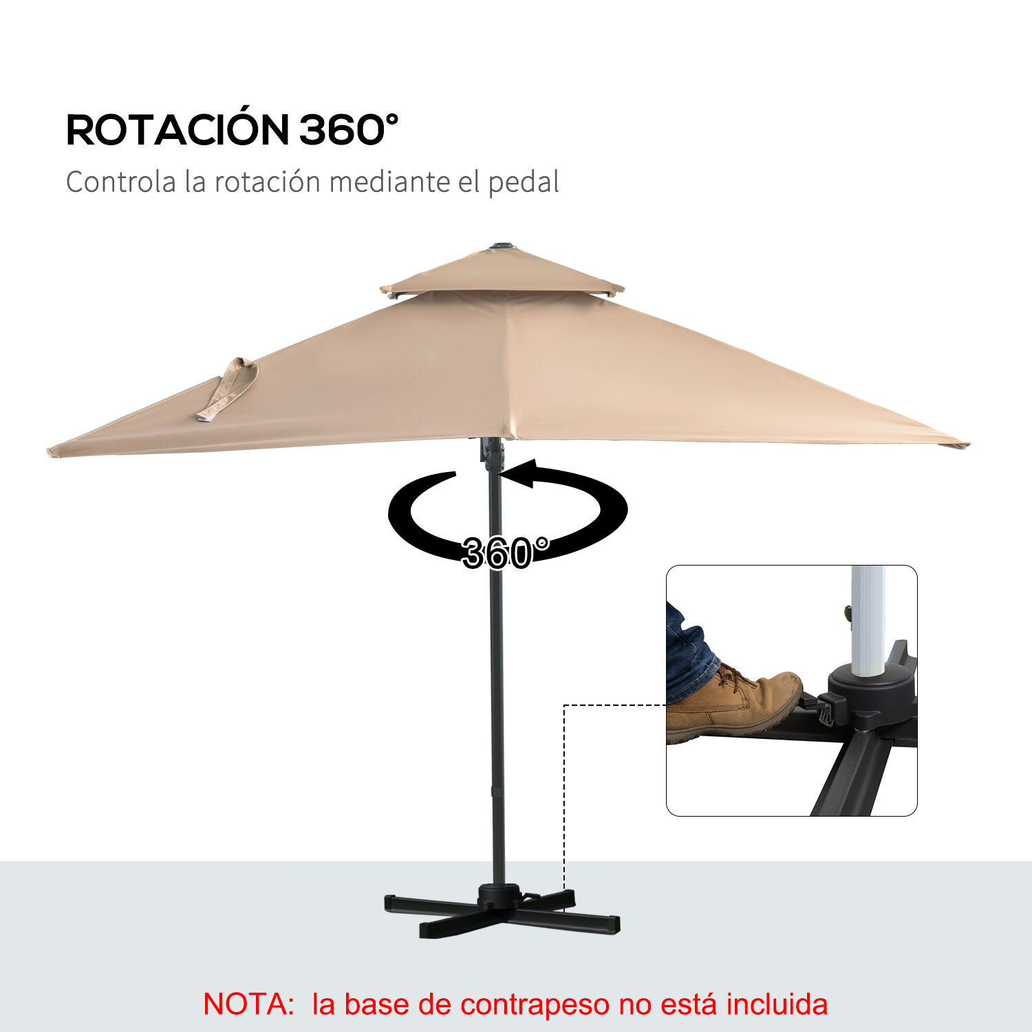 Outsunny Sombrilla de Jard&iacute;n 300x300 cm Parasol de Aluminio con Manivela Poste Giratorio 360&deg; Doble Techo Inclinable en 6 Posiciones y Base Cruzada Incluida Caqui, , large Imagen numero 5